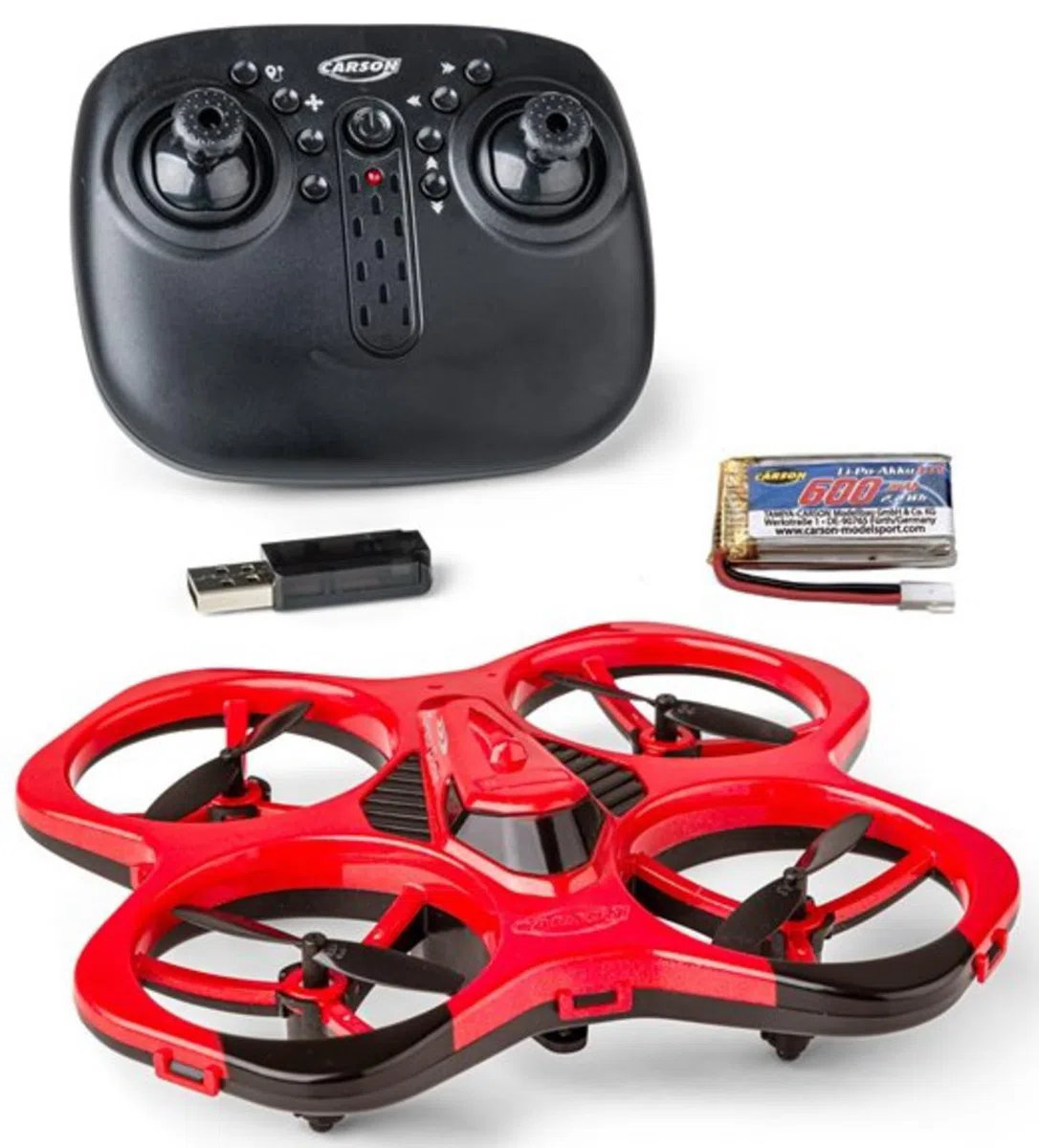 Carson Cyber Drone IR RTF – quadricottero RC con funzione Flip a 360°, modalità Headless, stabilizzazione giroscopica, illuminazione LED, drone radiocomandato, rosso