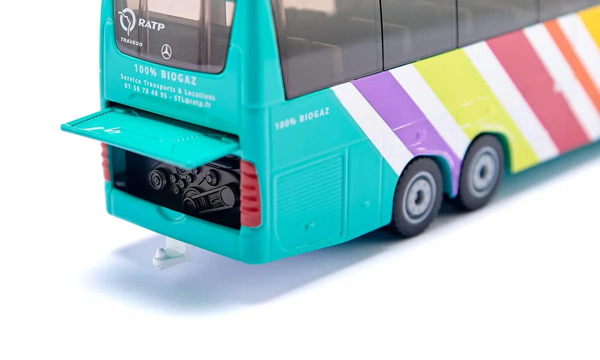 Siku 3738001, Mercedes-Benz Travego Autobus RATP Francia, 1:50, metallo/plastica, multicolore, porte aperte e lembo