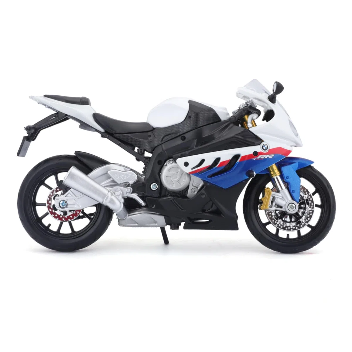 Maisto BMW S1000 RR: fedele modello di moto 1:12, con supporto mobile, sospensioni e ruote rotanti libere, 17 cm, bianco-blu (531191), medio