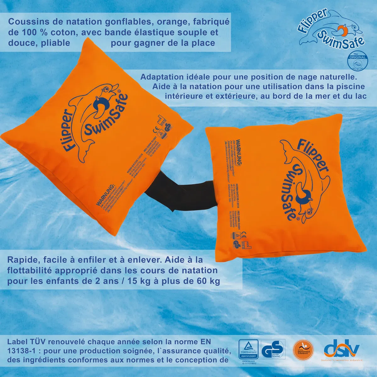 Flipper Swimsafe 1080 - Cuscino da nuoto per bambini in cotone, ausilio per il nuoto sicuro con elastico regolabile per imparare a nuotare
