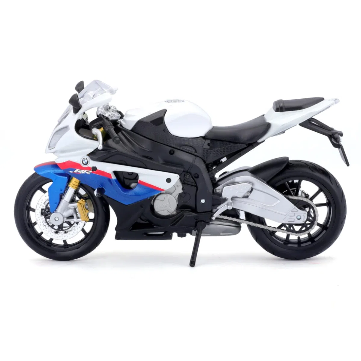 Maisto BMW S1000 RR: fedele modello di moto 1:12, con supporto mobile, sospensioni e ruote rotanti libere, 17 cm, bianco-blu (531191), medio