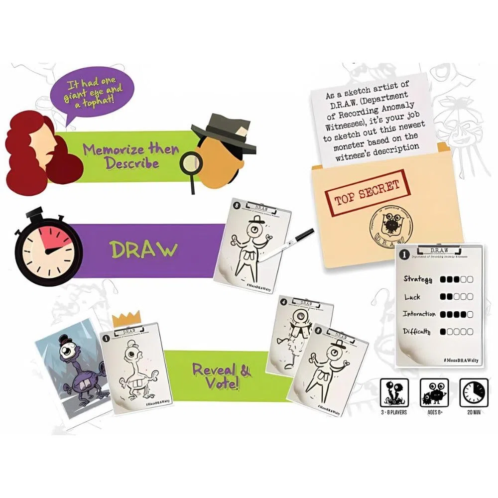 Friendly Skeleton | MonsDRAWsity | Gioco Da Tavolo, Party Drawing Game Standalone, Comunicazione, Disegno Con Lavagnette Cancellabili | 3-8 Giocatori | 20 Min