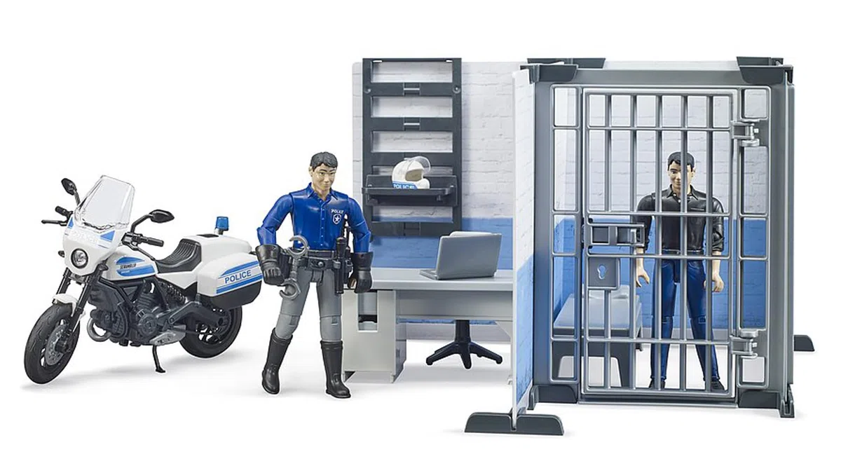 bruder 62732 - stazione di polizia bworld con moto della polizia, veicolo di emergenza, prigione
