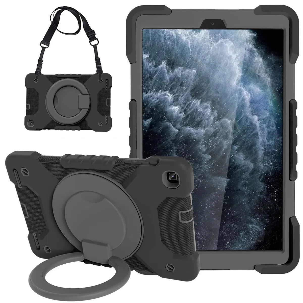 Compatibile con Samsung Galaxy Tab A 10.1 modello 2019 SM-T510 / T515, resistente custodia per tablet con supporto e manico girevoli a 360°, tracolla staccabile (design adatto ai bambini) (nero grigio
