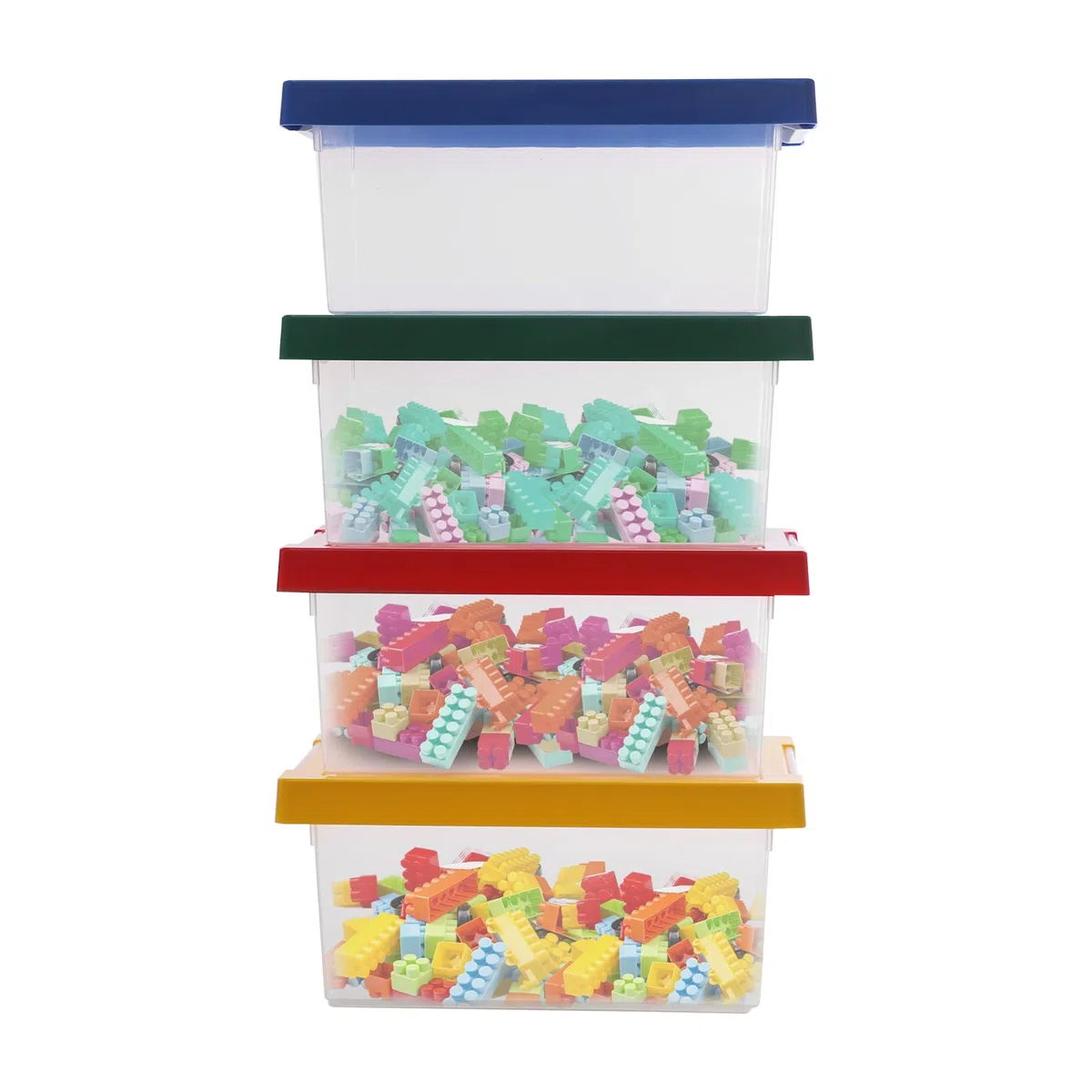 4 pezzi di mattoncini da costruzione con coperchio, impilabile, scatola per giocattoli in plastica, scatole di assortimento per giocattoli