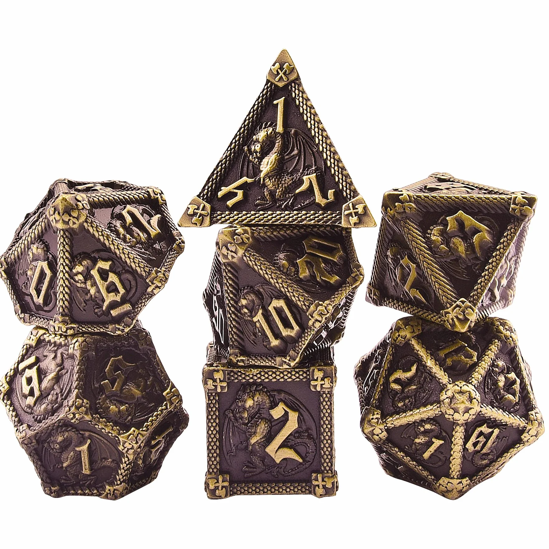 SIQUK 7 Pezzi Dadi Metallo D&D Poliedrici D20 D12 D10 D% D8 D6 D4 Set per Dungeon and Dragons, Bronzo