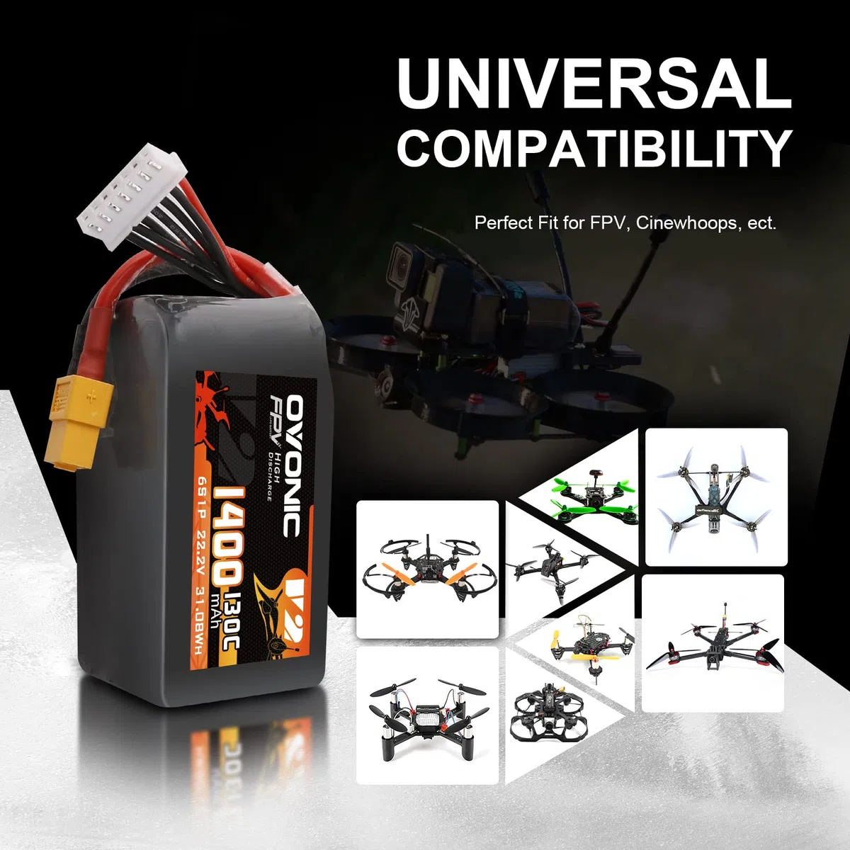 OVONIC Batteria Lipo da 6s, 1400 mAh, 22,2 V, 130 C, con spina XT60, per elicottero RC FPV, aereo, quadricottero, hobby racing