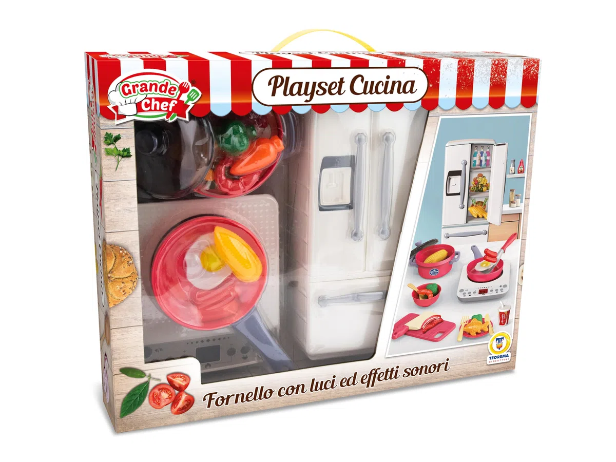 Teorema - Set Accessori da Cucina, Giocattolo per Bambini con Frigorigero, Fornello Luci e Suoni, e Accessori