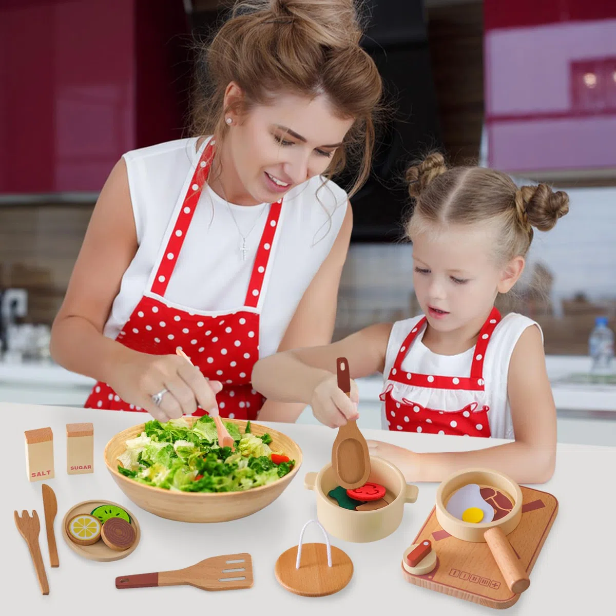 Pentole Giocattolo per Bambini, Accessori Cucina Giocattolo Legno, Set di Pentole e Padelle in Legno, Utensili Cucina Bambini con Posate e Cibo, Giochi di Ruolo per 3 4 5 6 Anni