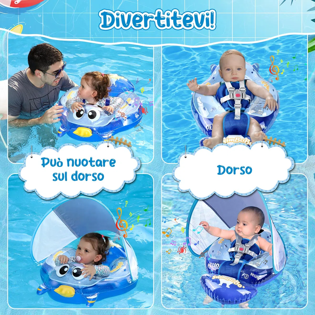 YOOHBERRYS Salvagente Neonato, Ciambella Neonato Mare, Anello Galleggiante per Bambini con Parasole SPF 50+, Salvagente Galleggiante per bambini da 6 a 36 mesi