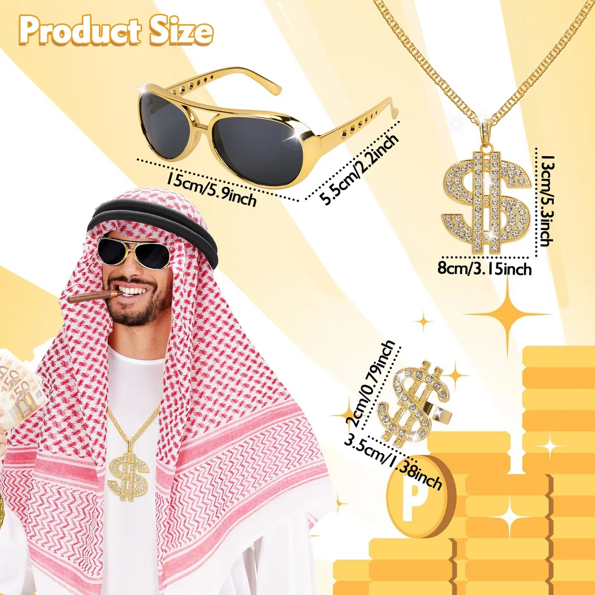 XEPST Arabo Set per gli uomini - 5 pz Accessori Costume Kefiyeh Testa Wrap sciarpa Arabo nero Fascia Halloween Cosplay Carnevale Fancy Dress Up
