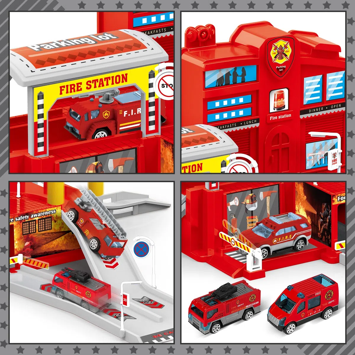 deAO Stazione dei Pompieri della Città con Autopompa, Elicottero, Edificio per Uffici dei Vigili del Fuoco, Set di Giocattoli per Bambini con Scheda di Gioco per Bambini e Bambine dai 3+ Anni in su