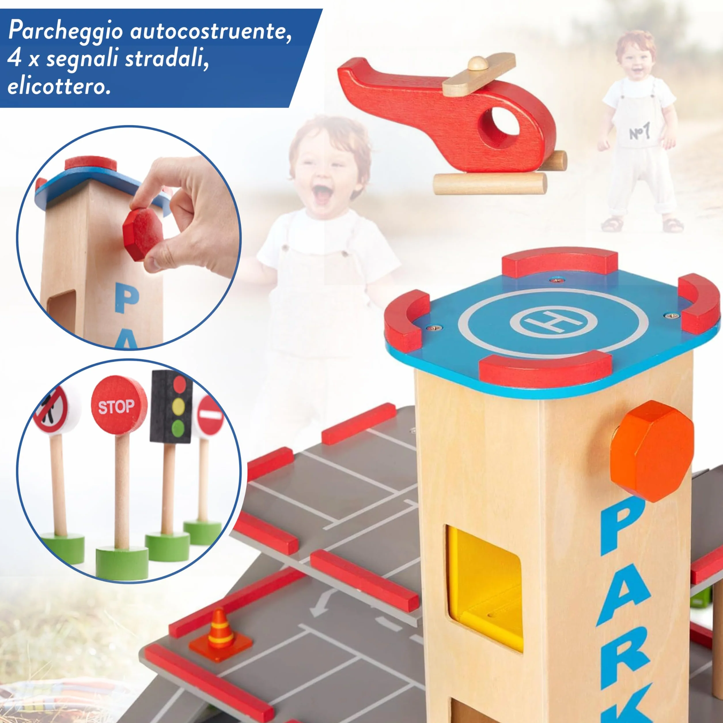 COIL Garage di Legno per Bambini con Ascensore - Macchine per Bambini - Gioco di Legno con Macchinina e Accessori