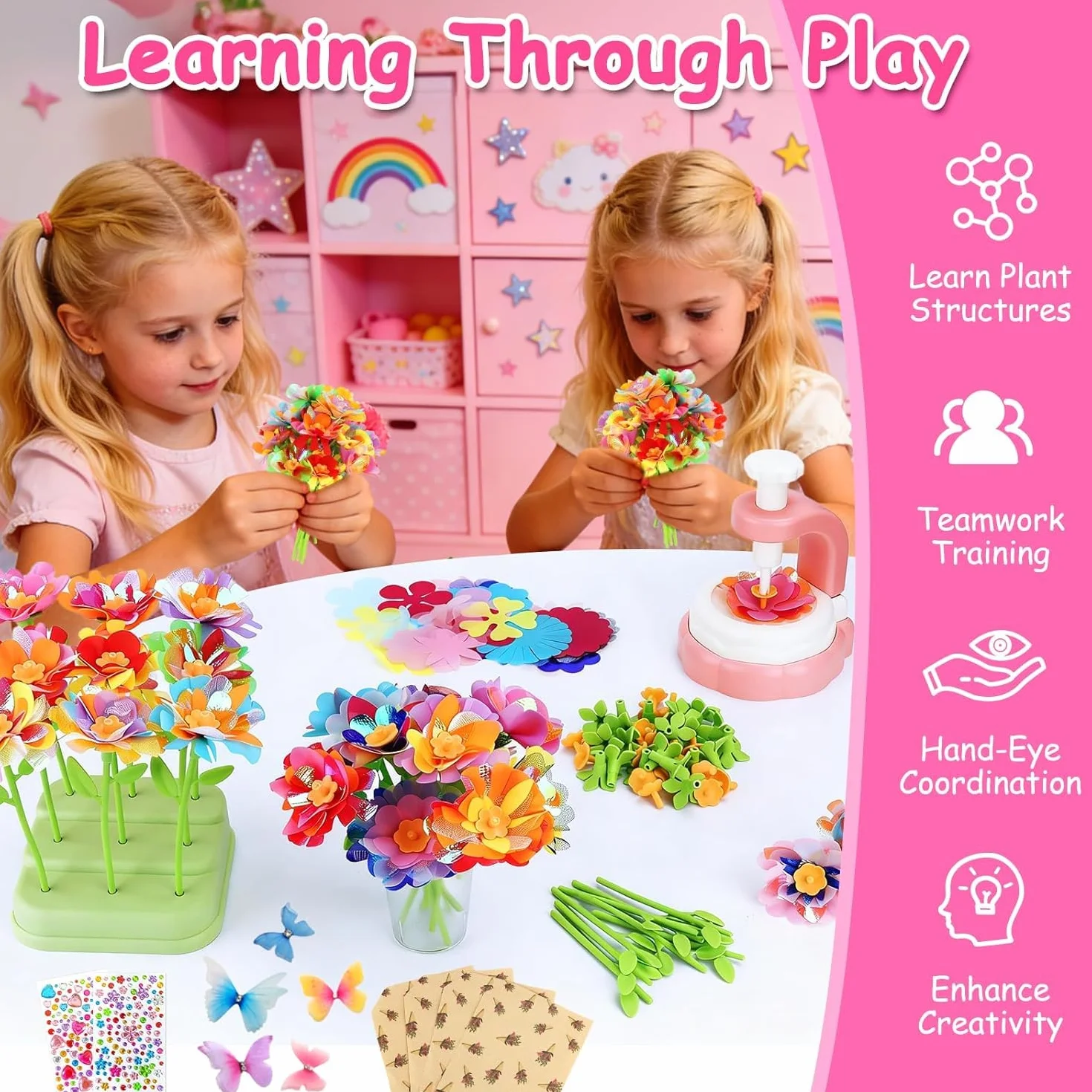 TOSUTO Il Laboratorio dei Fiori,Bouquet Fiori Bambini,Giocattolo Creativo con Macchina per la Produzione di Fiori Bambini,Bouquet Esclusivi per Ragazze dai 3 ai 9 Anni e Regalo di Compleanno - Rosa