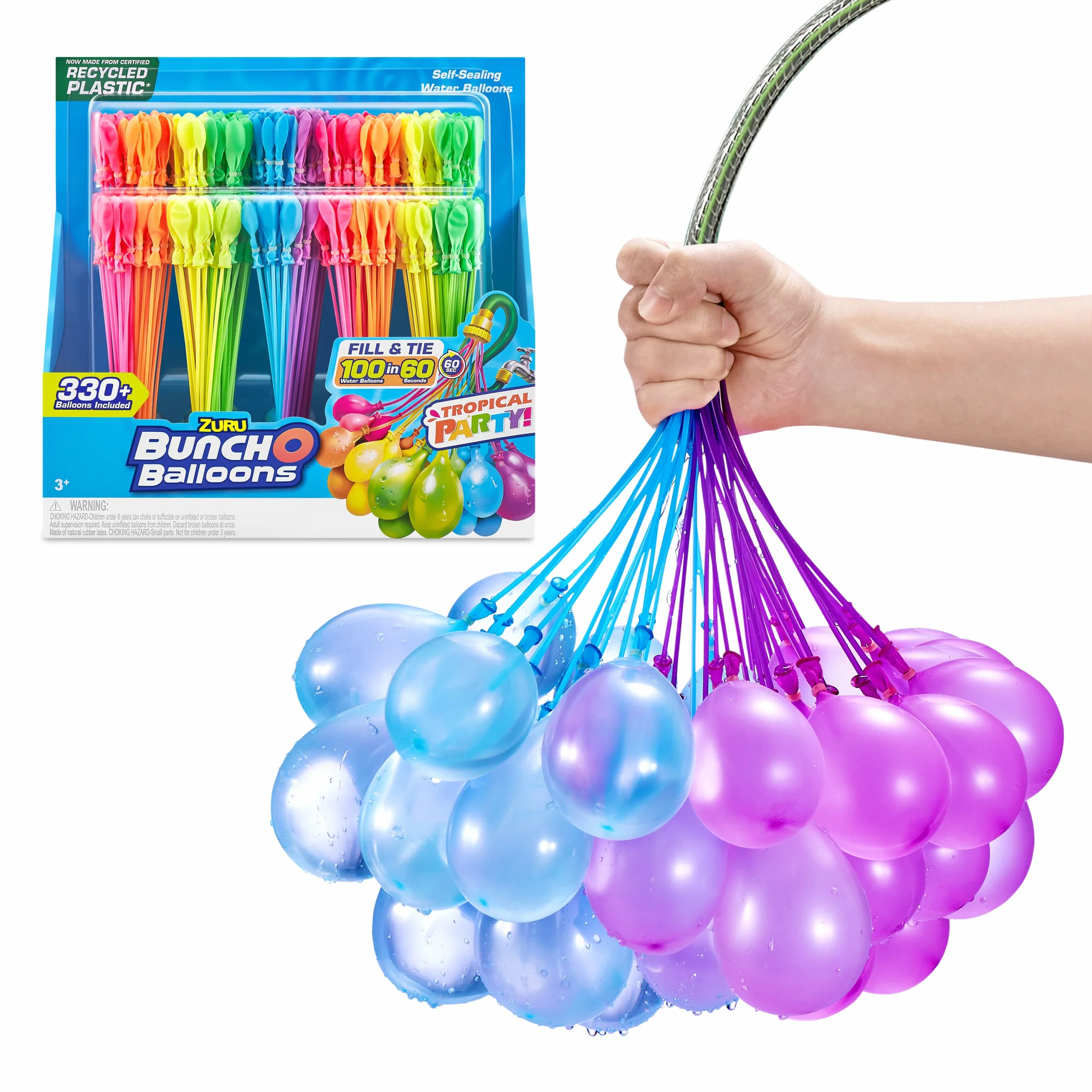 Bunch O Balloons Tropical Party 300+ Palloncini d'Acqua Autosigillanti a Riempimento Rapido, Scatola da 10 Confezioni