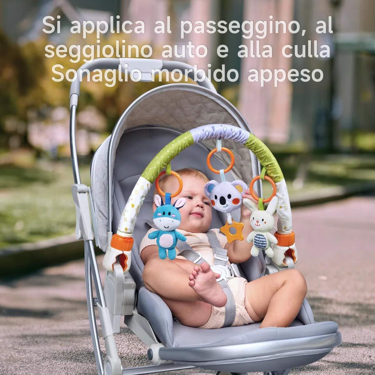 TUMAMA Giochi Arco Viaggio Passeggino per Neonato 0 3 6 9 12 Mesi, Peluche Animale Passeggino Giocattolo Gioco per Neonati Bambina Ragazzo, Clip On Auto Carrozzina con Sonaglio Teether Campana