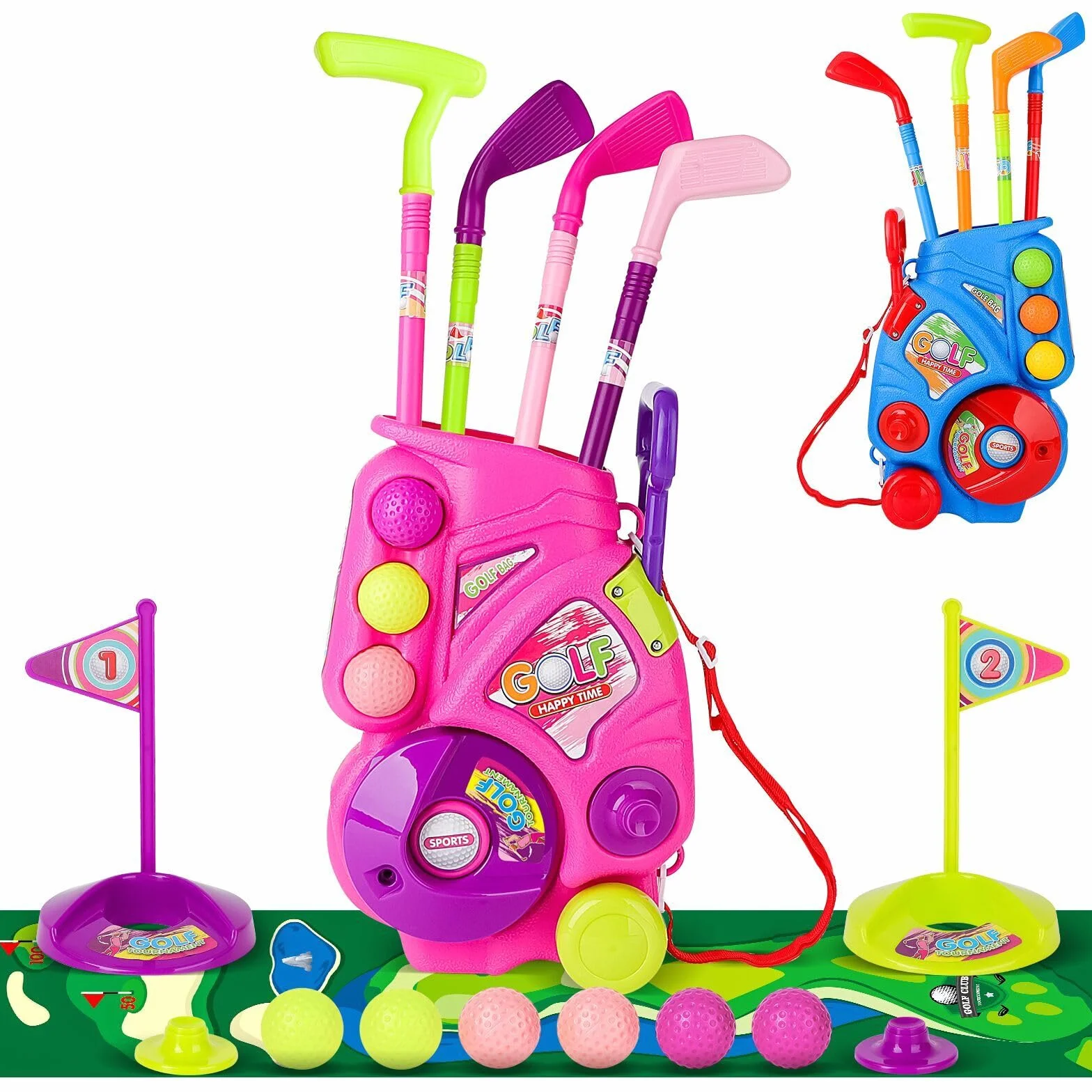 deAO Golf Set Giocattoli per Bambini, Tappetino da Golf, 4 Putter da 60CM, 6 Palline da Golf, Giocattoli per Bambini, Giocattoli da Interno Esterno Regali di Compleanno per Ragazzi Ragazze