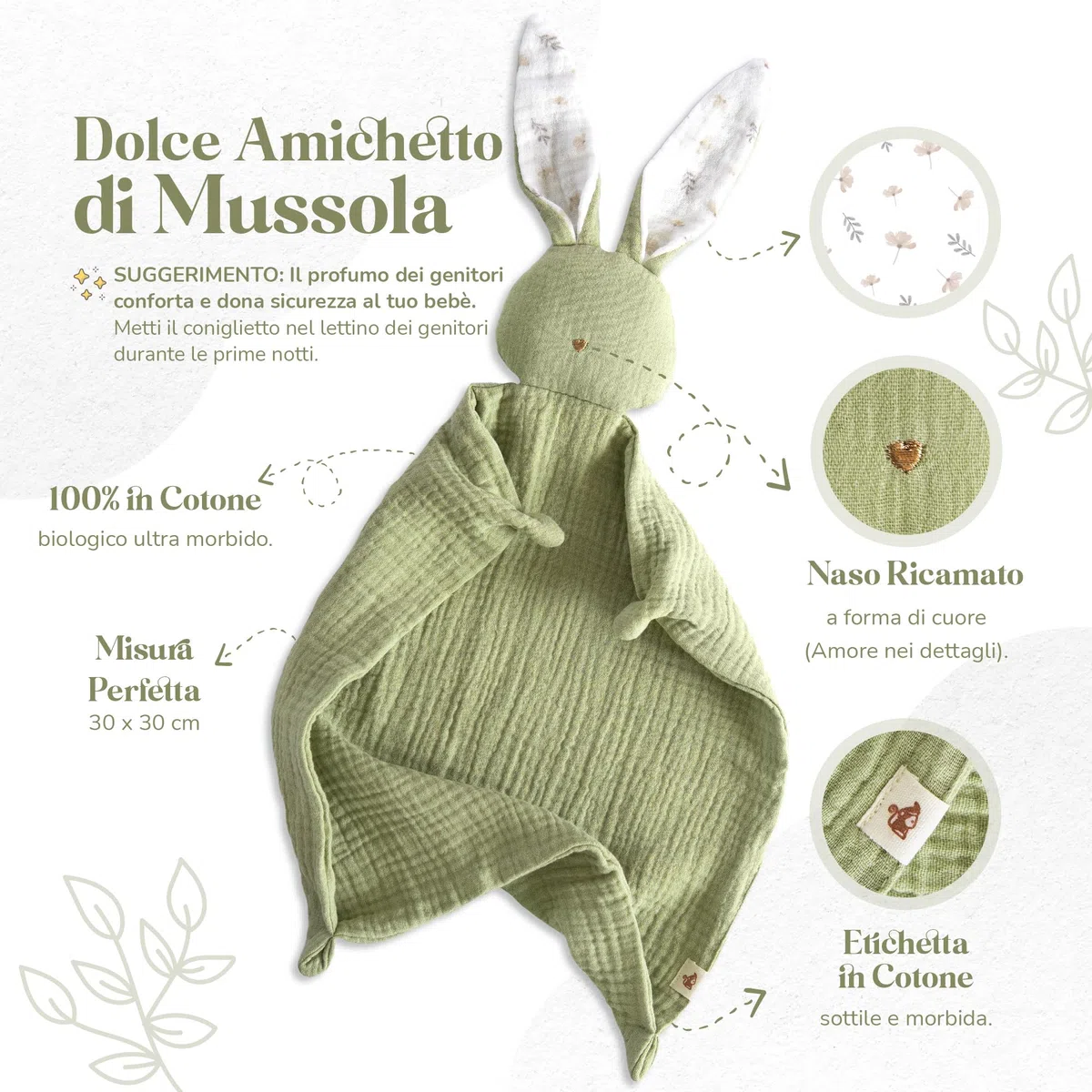 Mikito - Copertina per Neonato Doudou 30x30cm in Cotone Organico - Mussola in Cotone per Neonati - Perfetta per Avvolgere il Tuo Bambino Appena Nato - Regali Originali per Neonati
