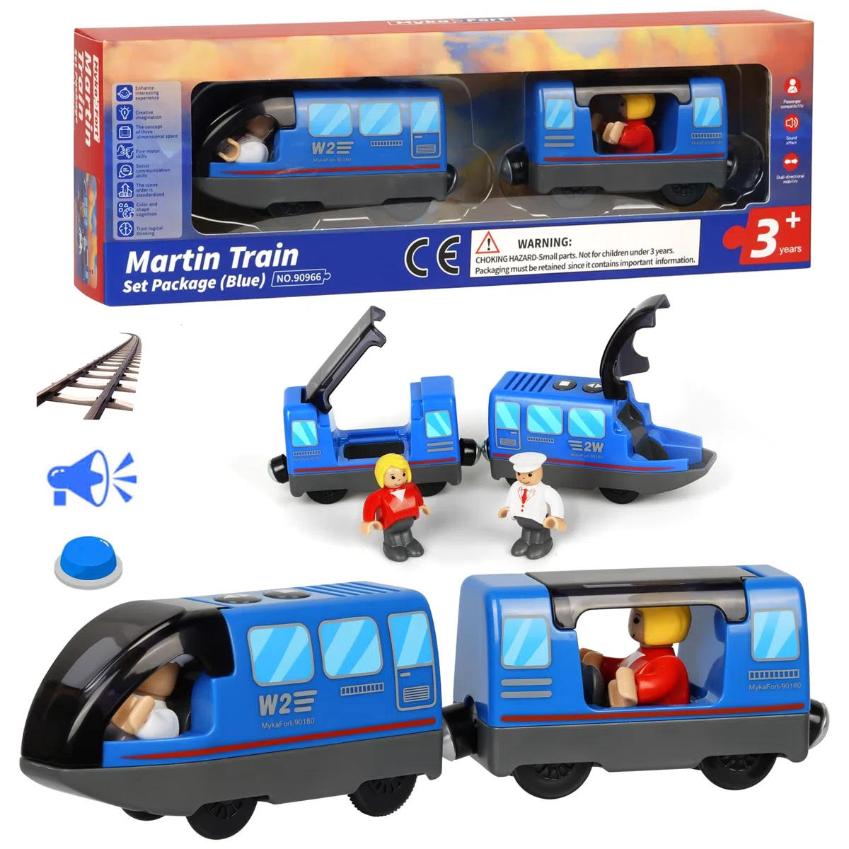 Locomotiva ad Azione a Batteria (Connessione Magnetica), Trenino Elettrico per Bambini Trenino Giocattolo, Potente Set di Proiettili per Motore per Thomas, Brio, Chuggington, Età 3+ Anni, Blu