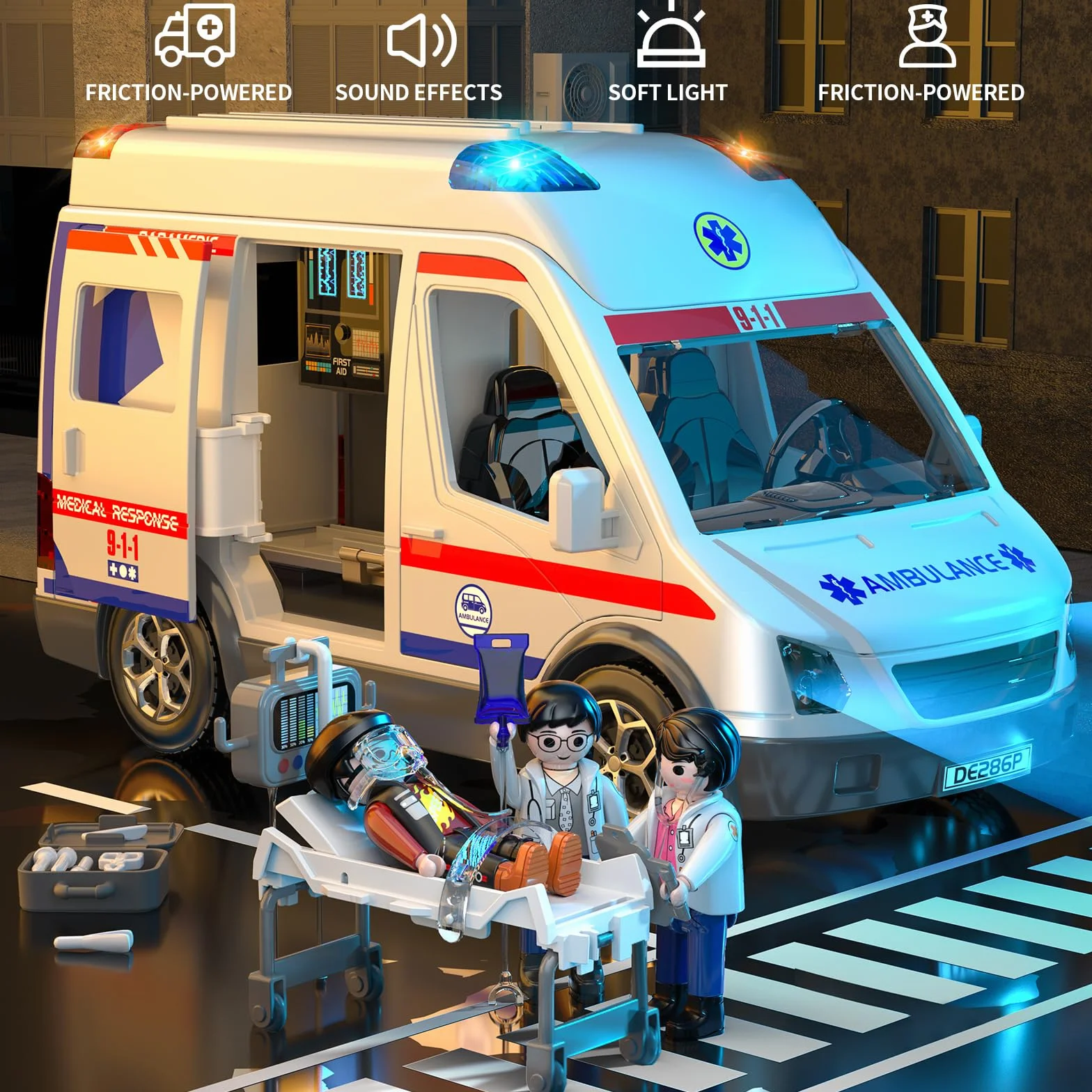 Ambulanza Elettrica per Bambini con Luci e Suoni - Veicolo di Soccorso con Barella, Giocattolo Interattivo - Regalo Educativo per Ragazzi e Ragazze dai 3 agli 8 Anni