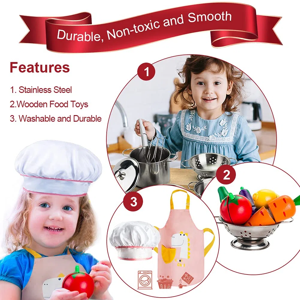 Sundaymot Giocattoli da Cucina per Bambini, Accessori Cucina Bambini con Acciaio Inossidabile Pentole Set, Grembiule e Cappello, Taglio Cibo Verdura Chef Gioco di Ruolo Set per Ragazze e Ragazzi