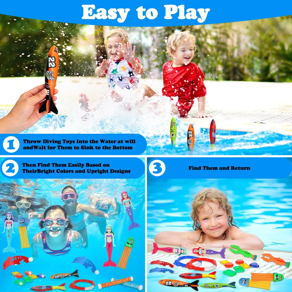 Giochi Immersione Piscina 43 Pezzi,Giochi da Piscina per Bambini,Giocattoli da Immersione Inclusa Bastoncini da Immersione,Tesori dei Pirati e altro,Ideale per Spiaggia Piscina, e Allenamento Nuoto