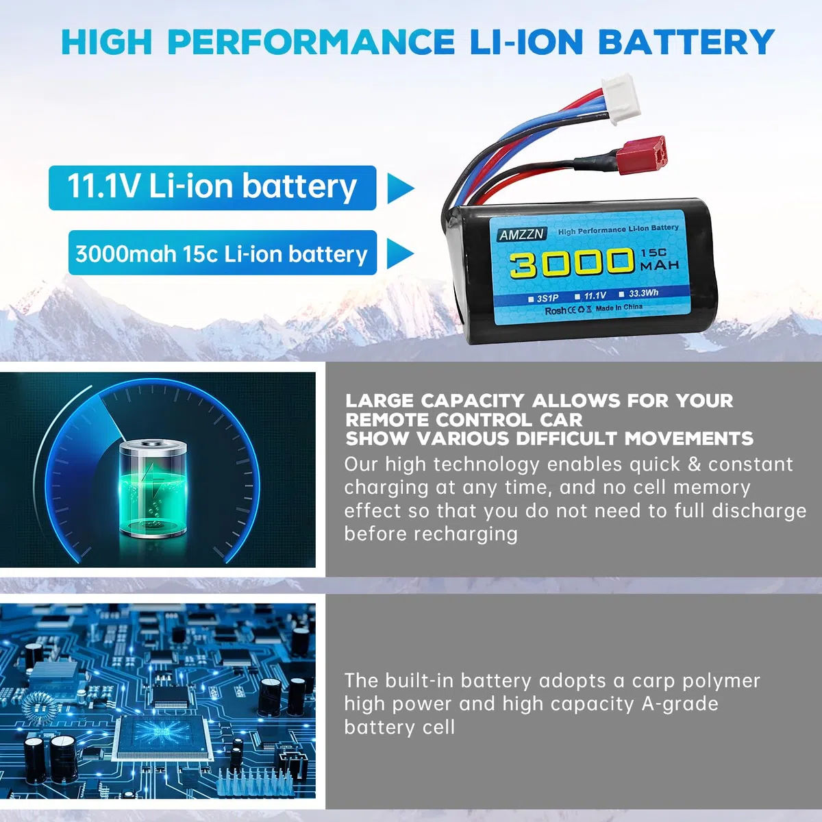11.1V 3000mAh 15C 3S T-plug batteria agli ioni di litio con caricatore USB, adatto per R608 2104 barca brushless telecomando, 210E 200E auto brushless telecomando