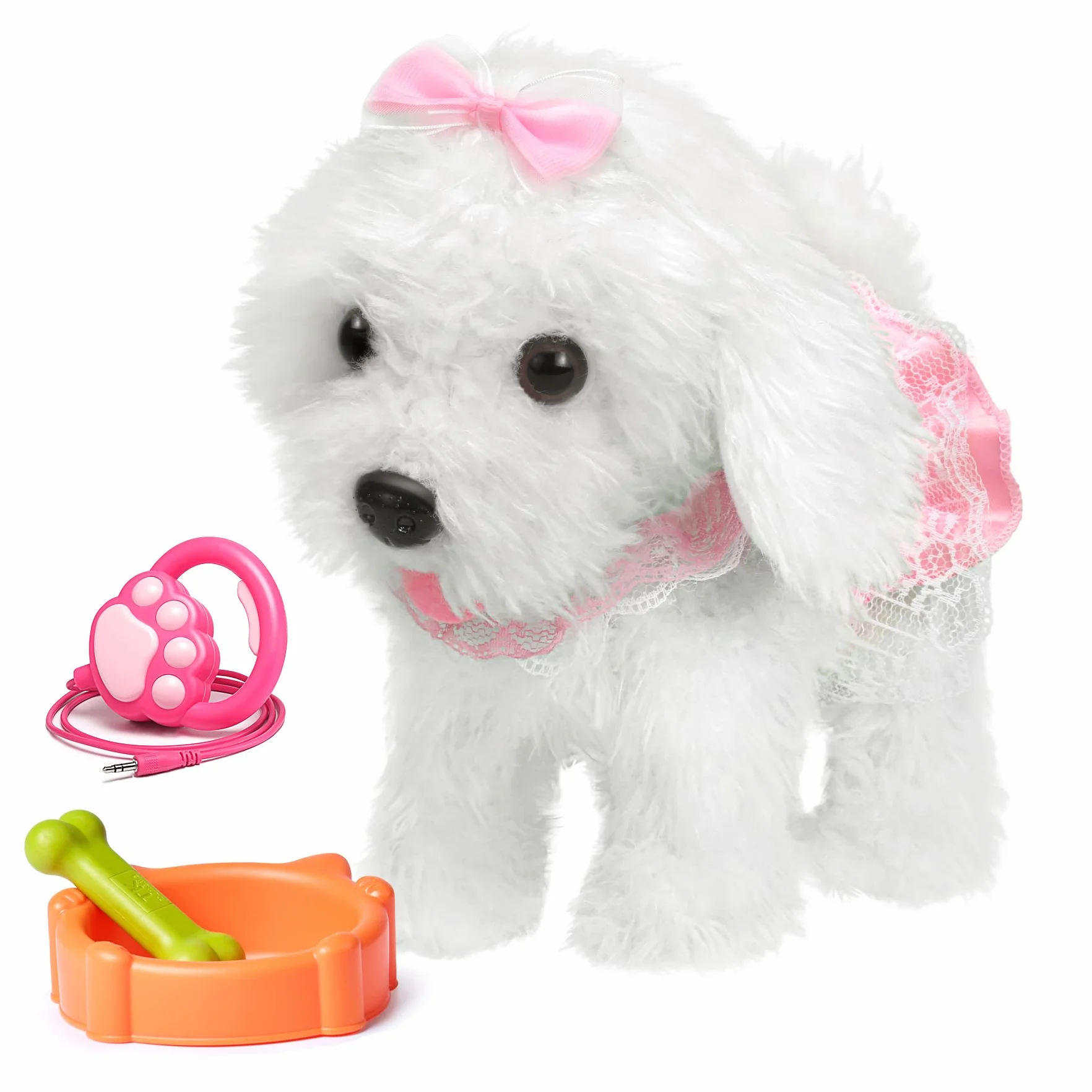 OR OR TU Giocattoli per cani da passeggio per bambini con telecomando in peluche robot cane realistico elettronico animali domestici cucciolo, camminare e abbaiare su un guinzaglio