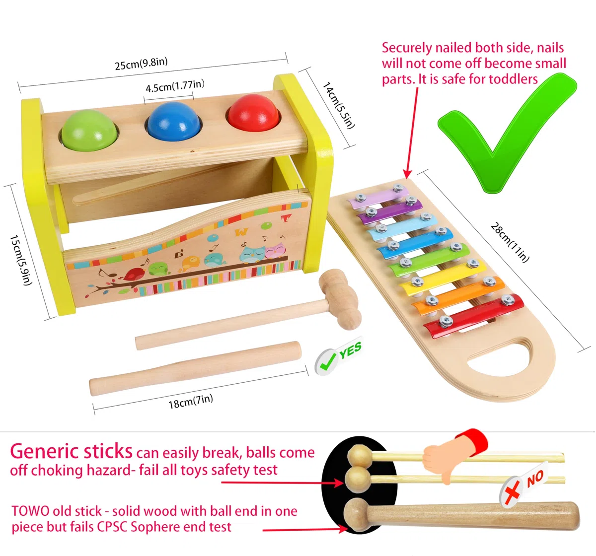 Set di xilofono a sfera con martello in legno - martello e pioli per battere una palla da banco - Giocattoli per bambini Regalo per bambini di 1 anno - Piccola attività motoria sensoriale