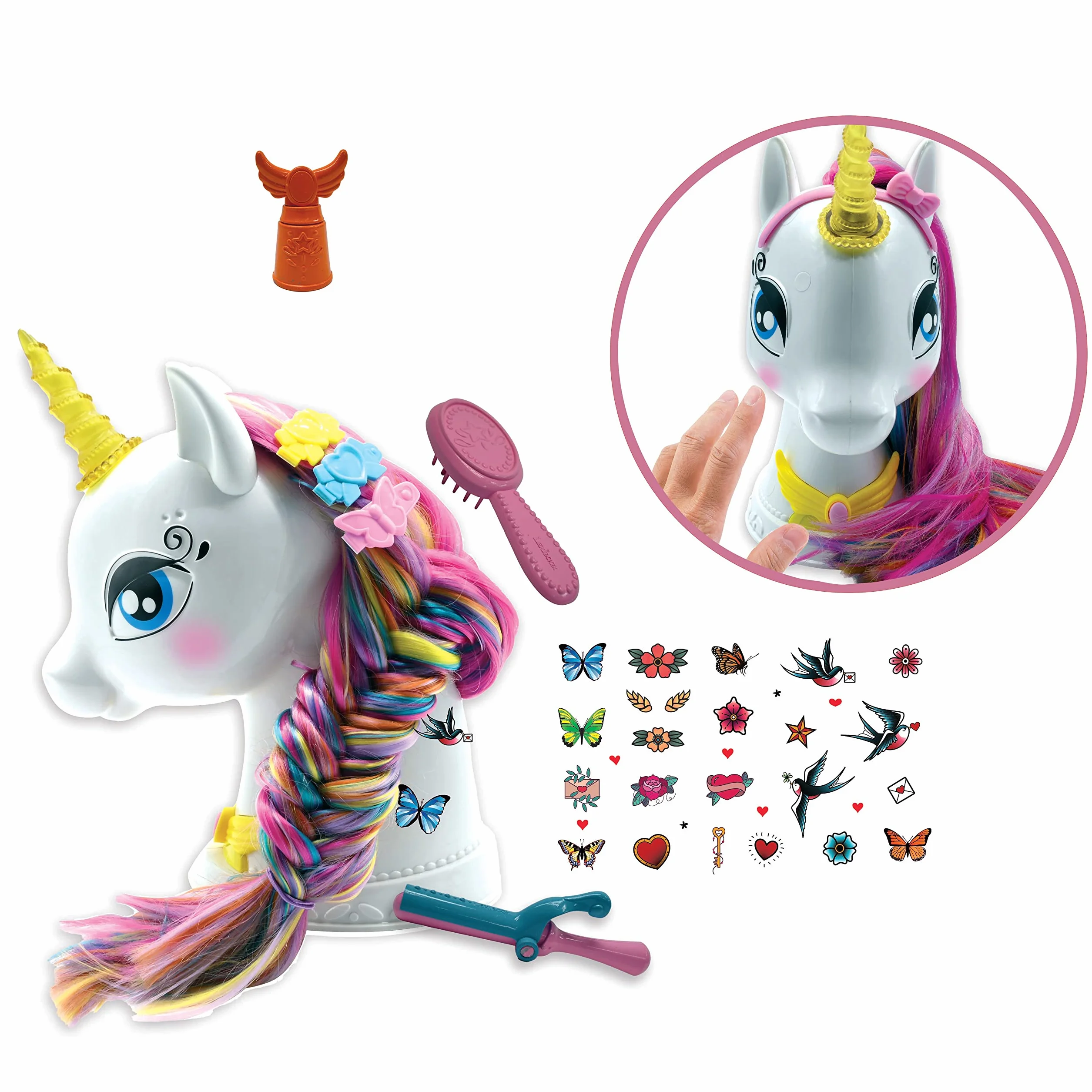 Lexibook, Testina interattiva per acconciatura Unicorno, Capelli Lunghi e setosi, interattiva, Musica e Accessori magici, per Bambini dai 3 Anni in su, Bianco/Rosa, SHUNI