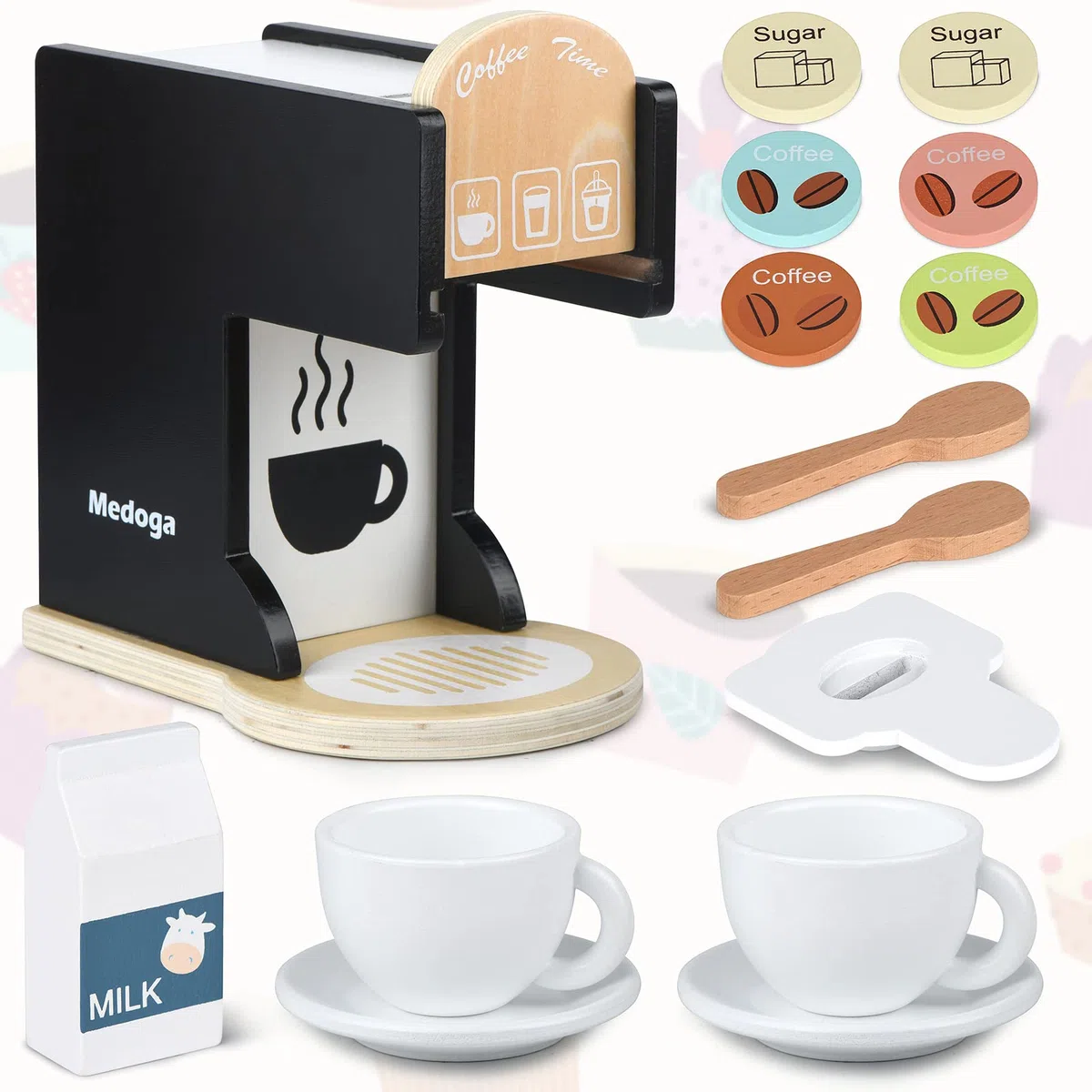 Accessori da cucina per bambini, in legno, macchina per caffè espresso, giocattolo per bambini, set da cucina per ragazze e ragazzi (Black)