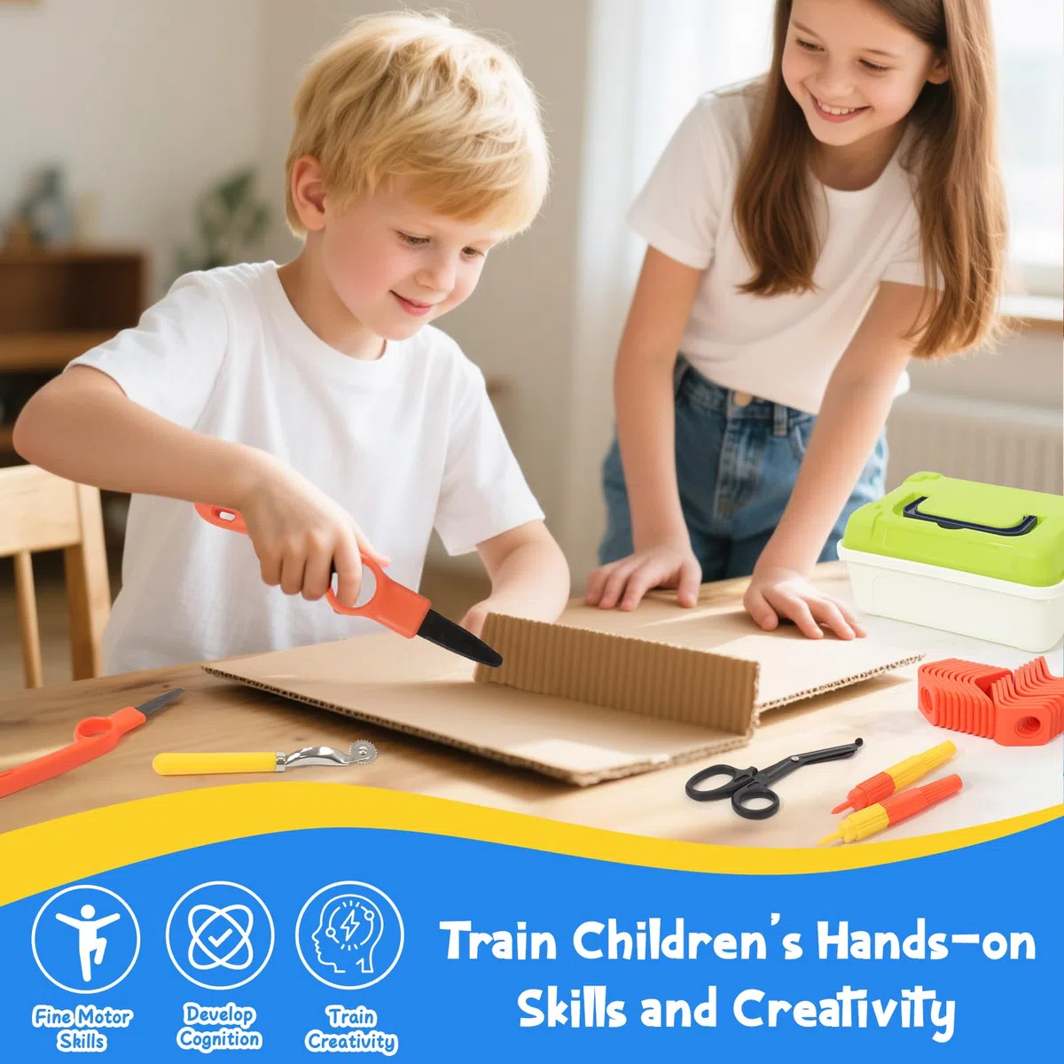 Wdmiya Kit di Attrezzi da Costruzione in Cartone per Bambini, Set di Attrezzi Riutilizzabili con Taglierina 148 Pezzi, Rullo e Forbici, Giocattoli Educativi per Bambini e Bambine