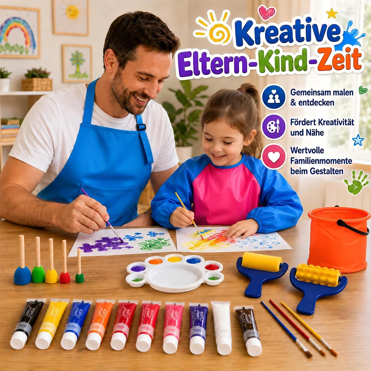 Set Pittura a Dita Bambini, 12 Colori da 35 ml, Pittura Lavabile con Pennelli, Spugne per Pittura, Tavolozza, Secchiello Pieghevole e Grembiuli Genitore-Bambino, Regalo Bambina 6-8 Anni (Rosso)