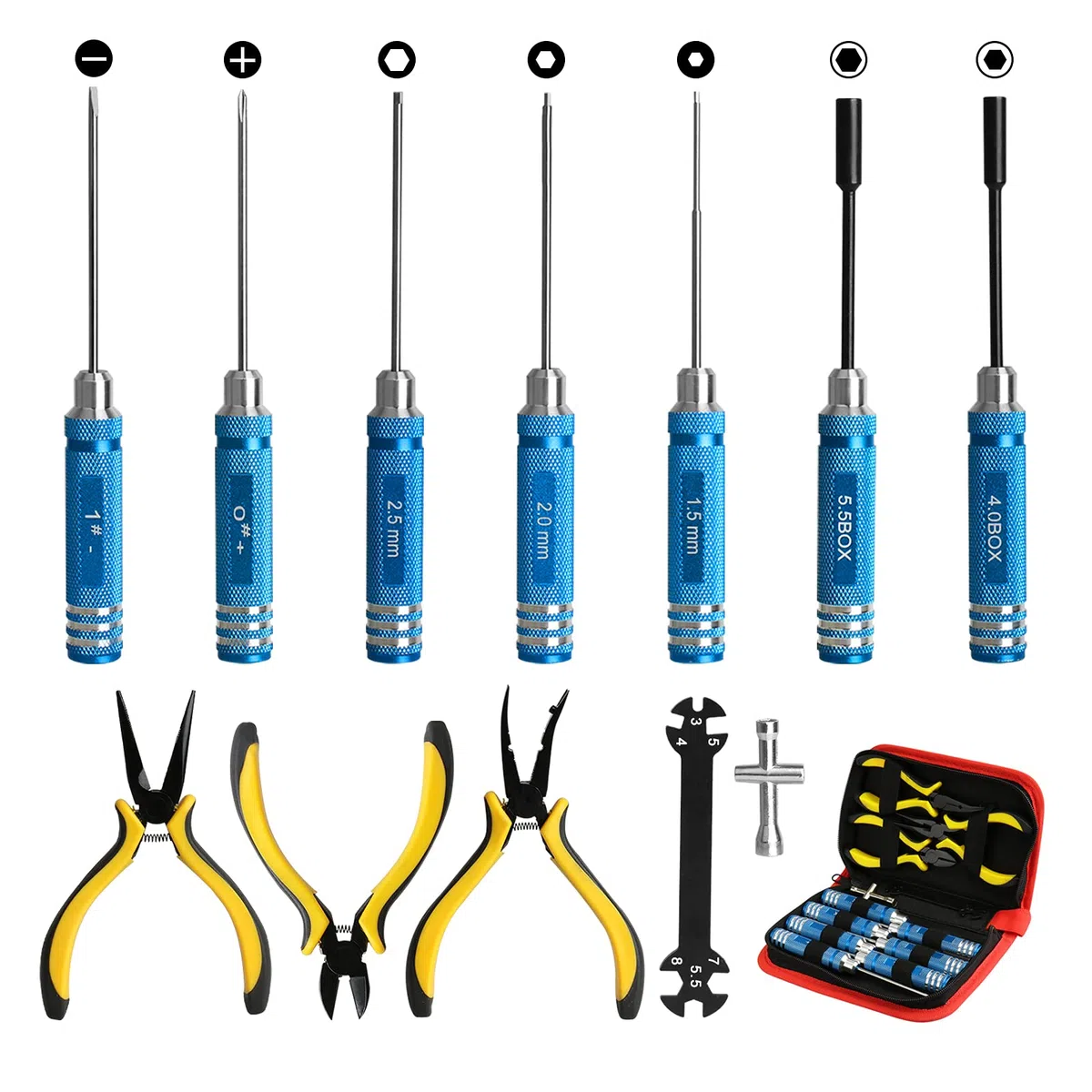 RC Car Tools Kits Set di cacciaviti con pinze,utensili per cacciavite esagonale,12Pcs chiavi a bussola, kit di strumenti di riparazione per l'hobbistica, per auto RC, drone, aereo, elicottero(blu)