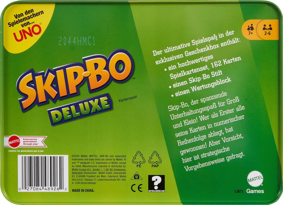 Mattel Games Skip-Bo Deluxe, Versione Speciale del Famoso Gioco di Carte Numerate in Sequenza con Confezione in Metallo da Collezione, Giocattolo per Bambini, 7+ anni, L3671