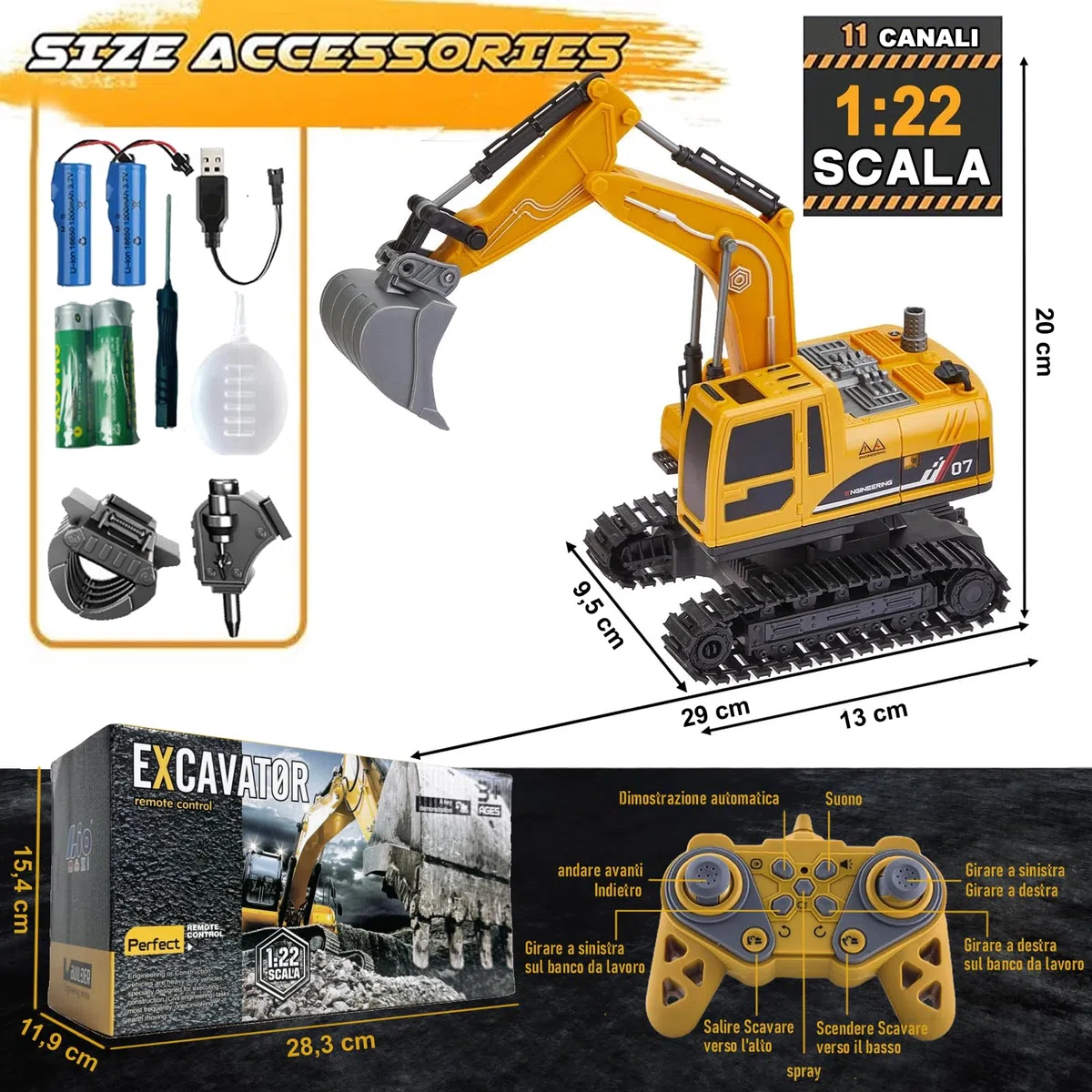 1:22 Scala 11 Canali 3 in 1 Escavatore Telecomandato per Bambini,Escavatori Radiocomandato con Pala in Metallo,Escavatore Idraulico con luci e Suoni e Spray,Regali per Bambini dai 4-7Anni