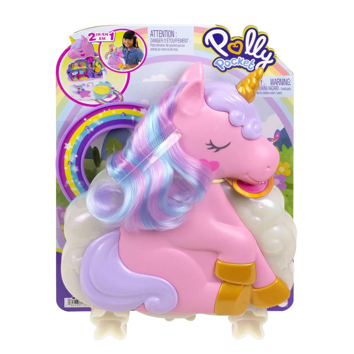 Polly Pocket - Salone di Bellezza Unicorno Arcobaleno, playset cofanetto con unicorno con testa pettinabile e 2 micro bambole, oltre 25 accessori, giocattolo per bambini 4+ anni, HMX18