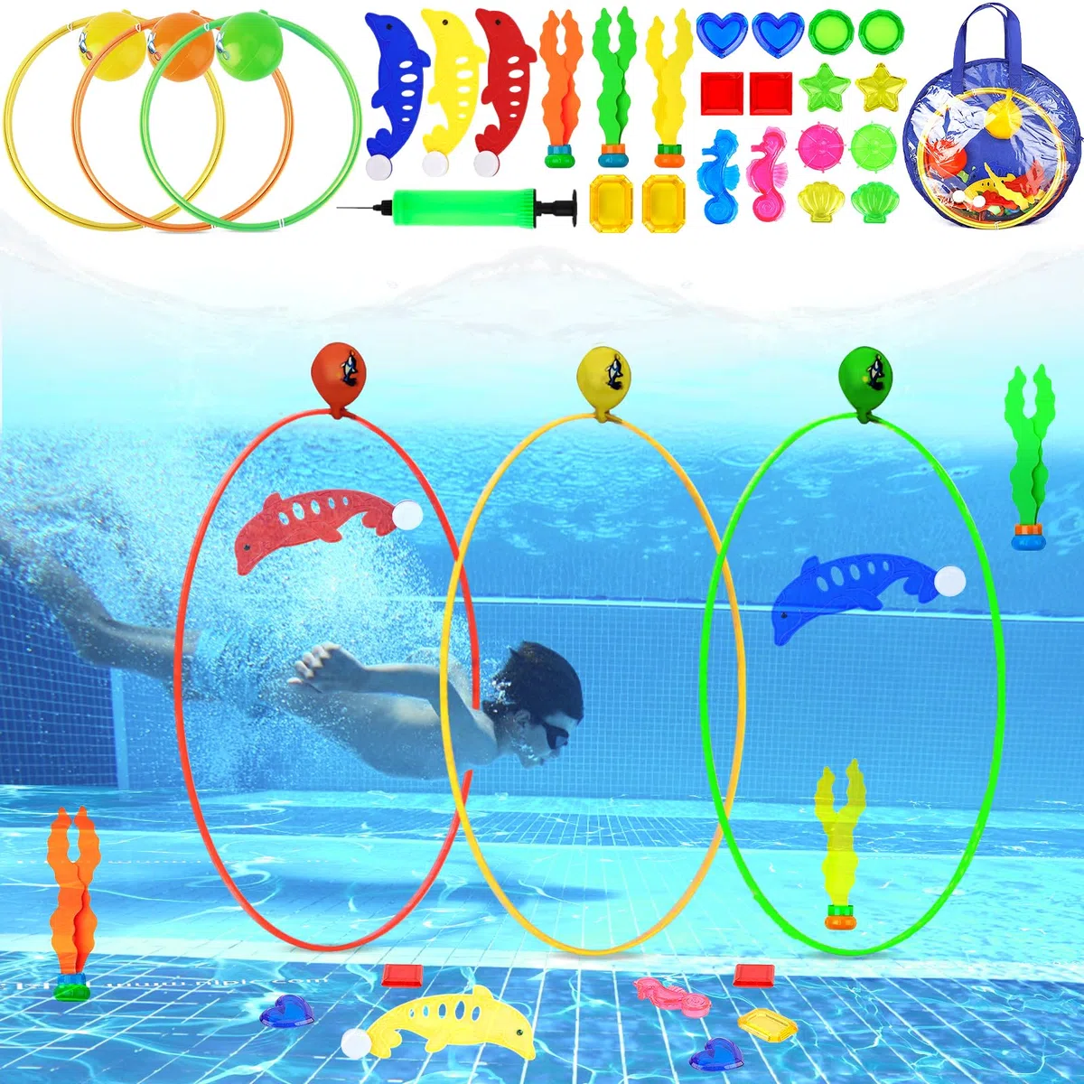 Giocattoli da Immersione 27 PCS Giochi Piscina Bambini Giocattoli da Piscina,Giochi Acqua Bambini,Giocattoli da Nuoto Estivi Anelli da Immersione,Regalo per BambiniGiochi Estivi Gioco Acqua