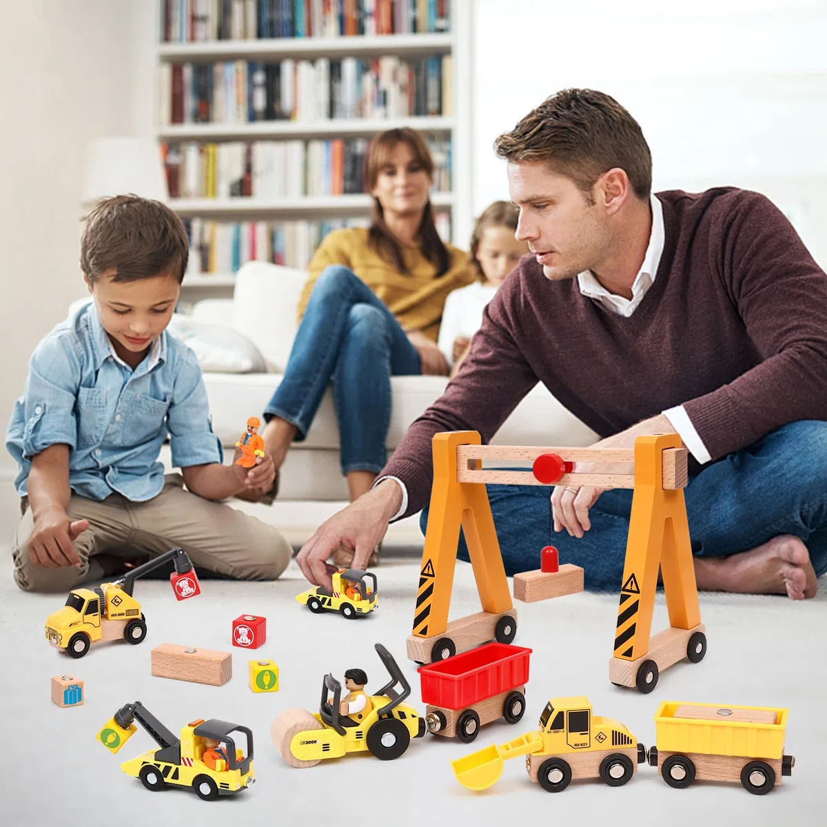Veicoli Da Cantiere Giocattolo in Legno per Bambini, Magnetico Veicoli con Gru a Cavalletto, Escavatore, Rullo compressore, Carro Attrezzi, Veicoli da Costruzione in Legno Regalo Bambini 2 3 4 5 anni