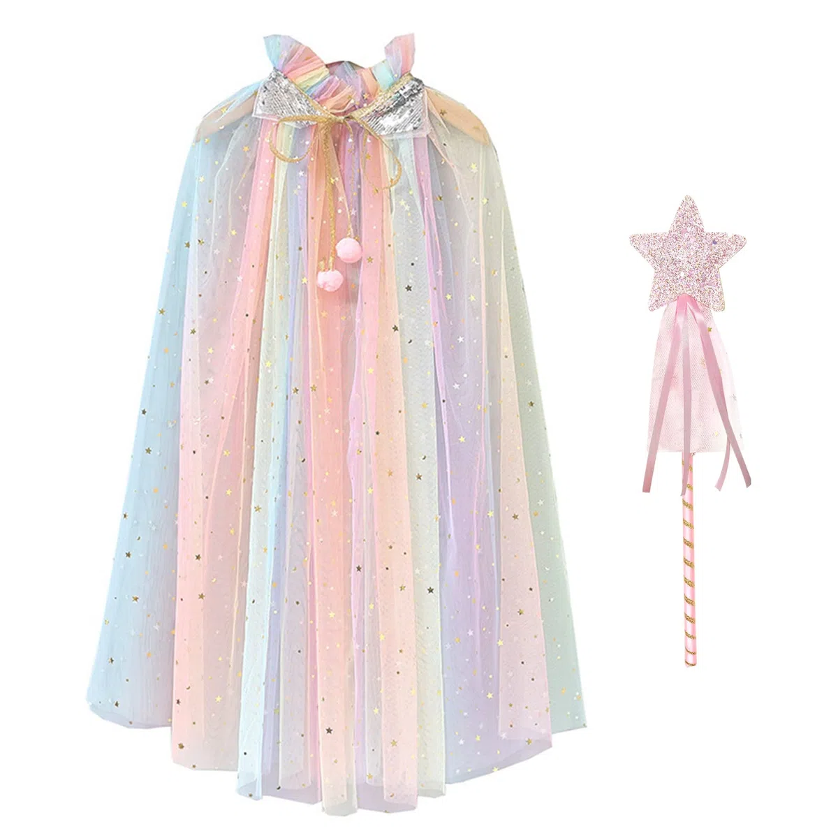 Mantello principessa bambina, mantello halloween bambino magica mantello Tulle con paillettes scintillanti scialle halloween principessa con bacchetta magica per ragazze 6-10 anni