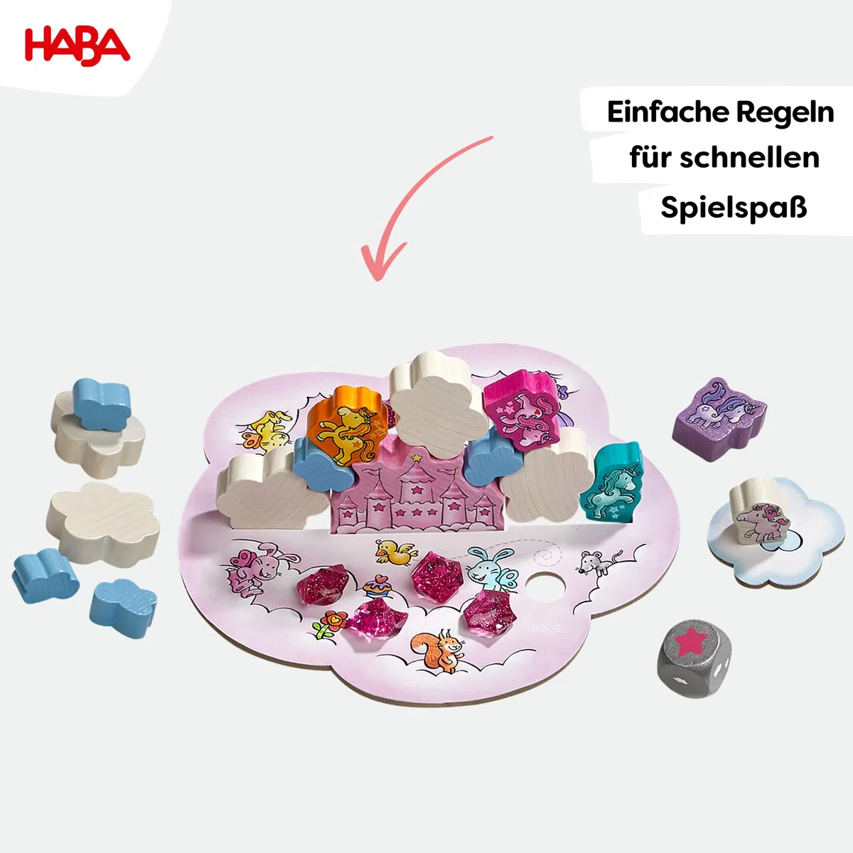HABA Unicorno Glitter Felice - Gioco impilabile per Bambini con unicorni, Nuvole di Legno e 10 Cristalli di Nuvola Scintillanti, dai 4 Anni in su, 2012232001