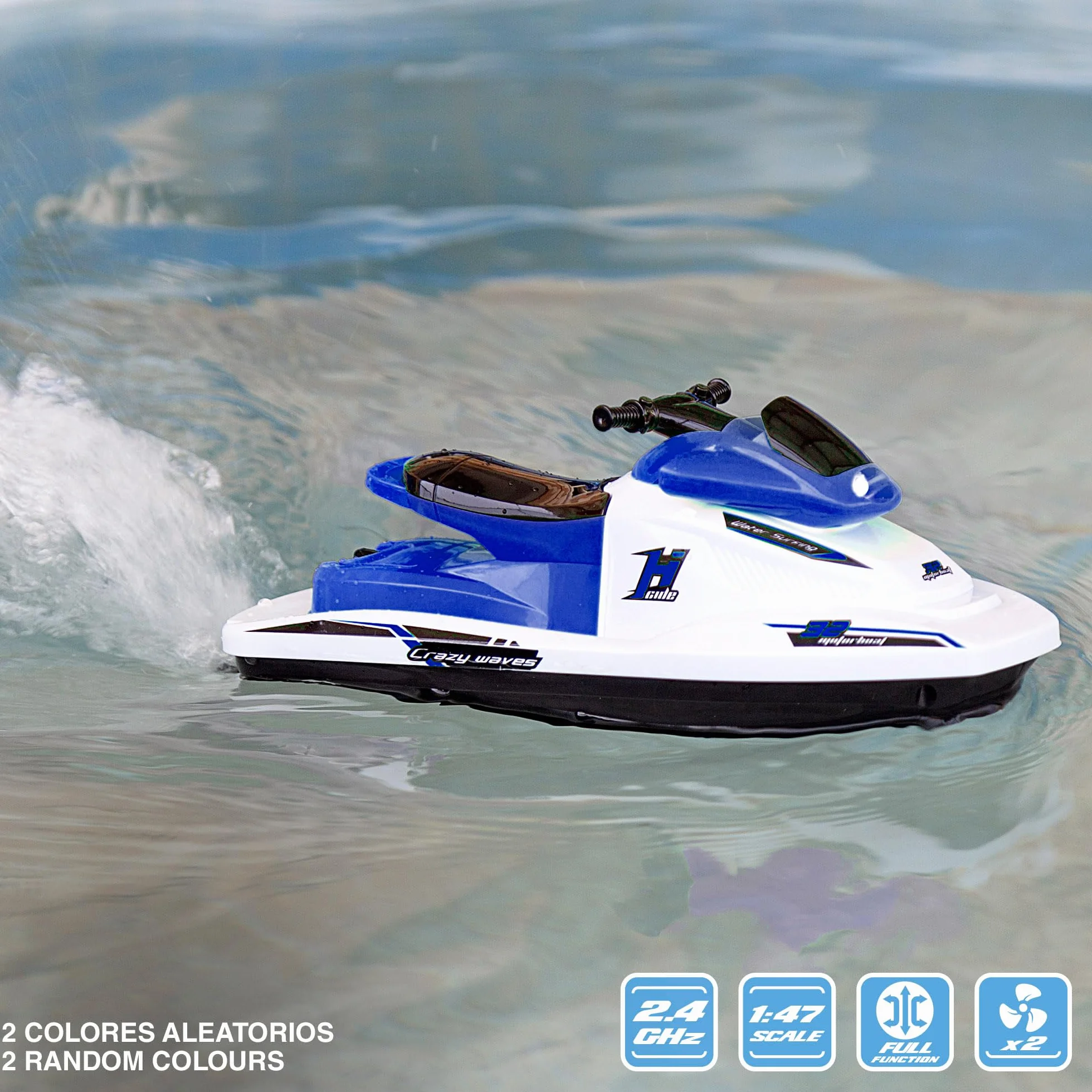 ColorBaby 49987 Motore barca Moto ad acqua telecomandata, Scala 1:47, Contiene 2 Pezzi, Batteria inclusa, Barche telecomandate, Moto ad acqua RC, radiocontrollo, Giocattoli per bambini