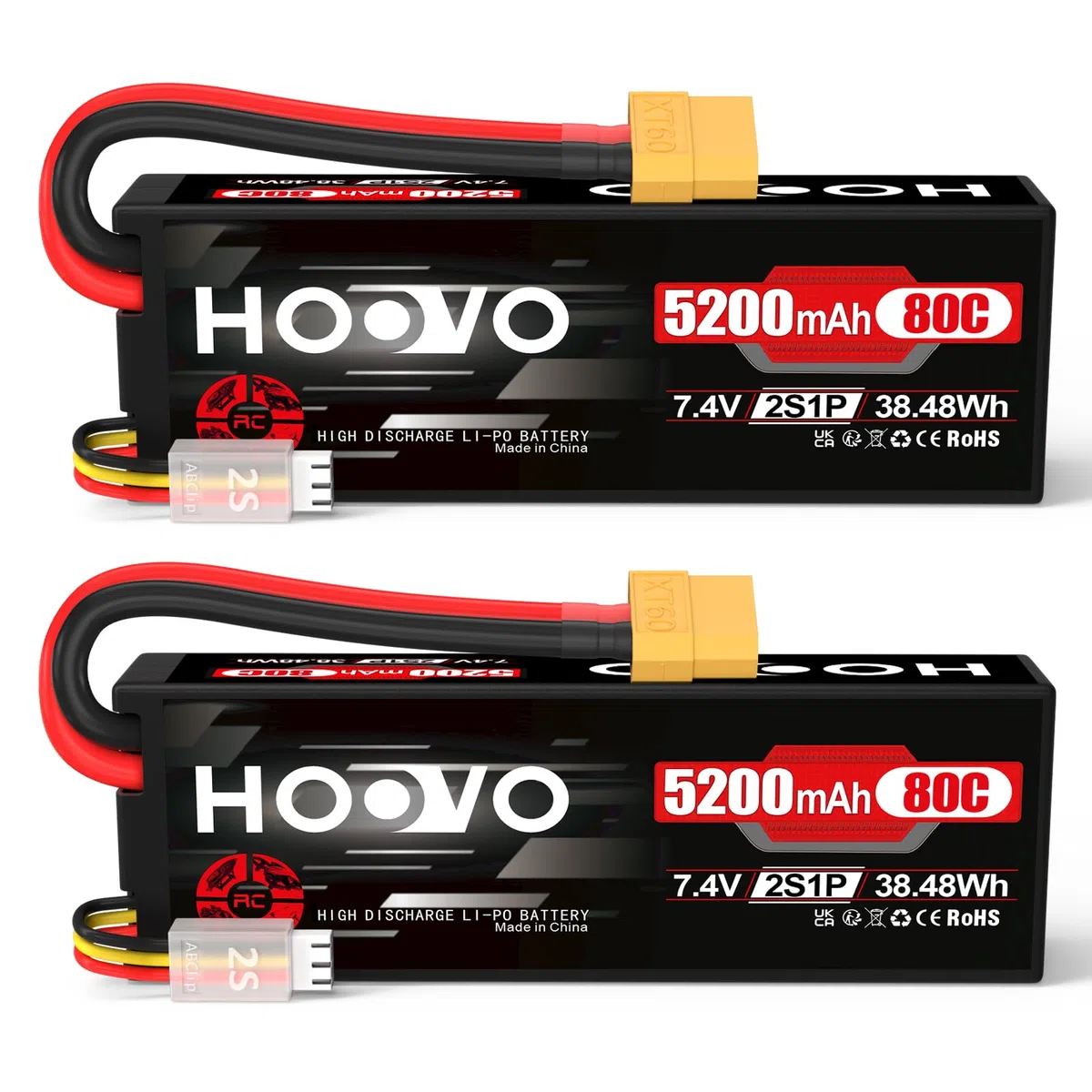HOOVO 2S Batteria LiPo RC 7,4 V 5200 mAh 80 C Custodia Rigida con Connettore XT60 Batteria di Ricambio per RC Car Truck Heli Aereo Rock Crawler Aereo Elicottero RC Car Truck Boot (2 Pacchetti)