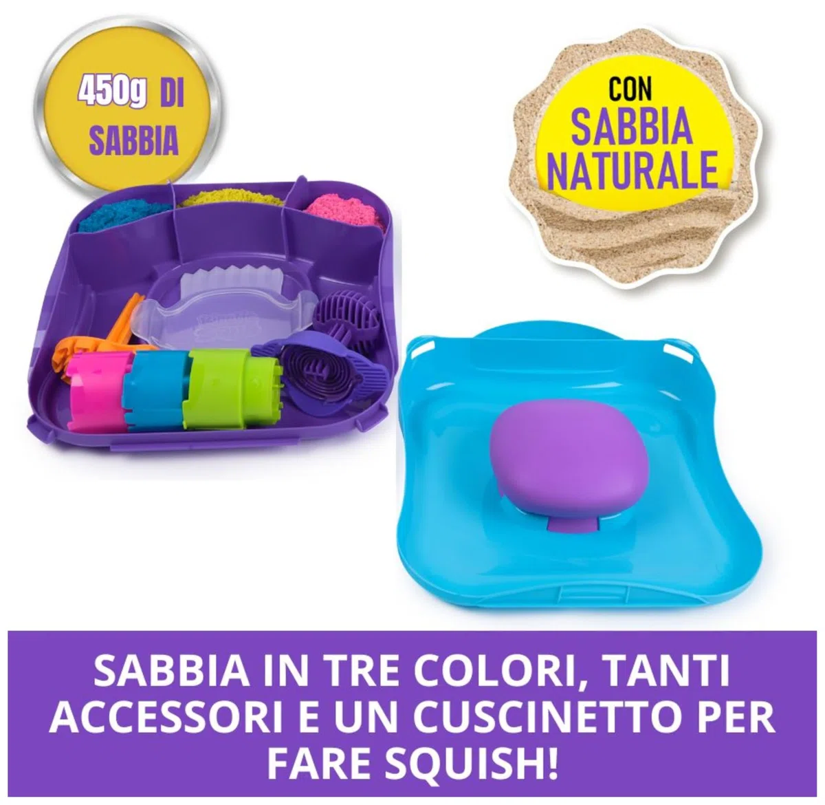 Kinetic Sand, Set di Gioco Squish Motion, Sabbia Colorata Rosa, Gialla, Blu, Sabbia Cinetica 453g, 5 Accessori, Comoda Valigetta. Giocattoli per Bambini e Bambine, 3+ anni