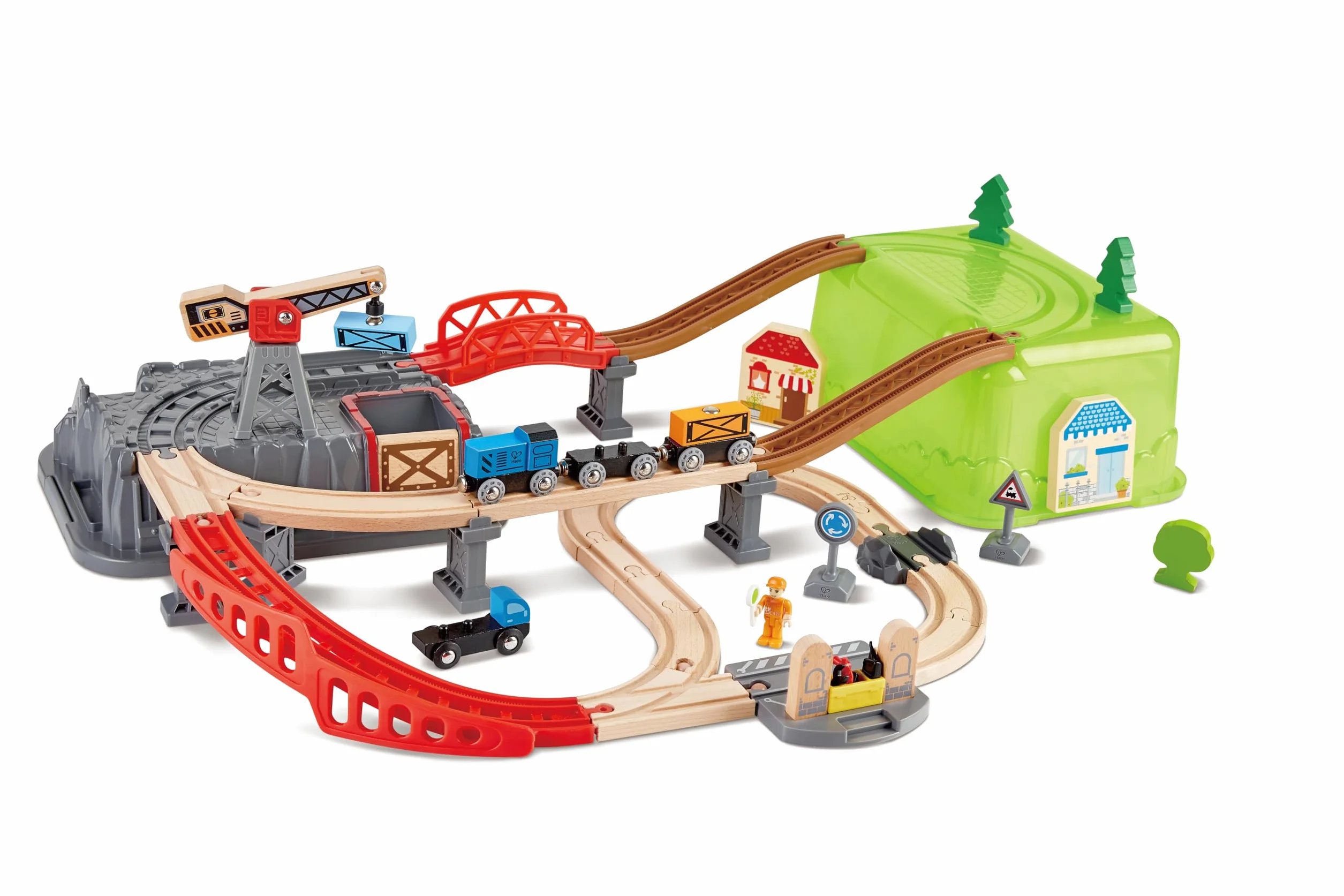 Hape Set costruzioni ferroviarie da 50 pezzi | Con trenini, gru magnetica e passaggio a livello | Giocattolo per bambini dai 3 anni