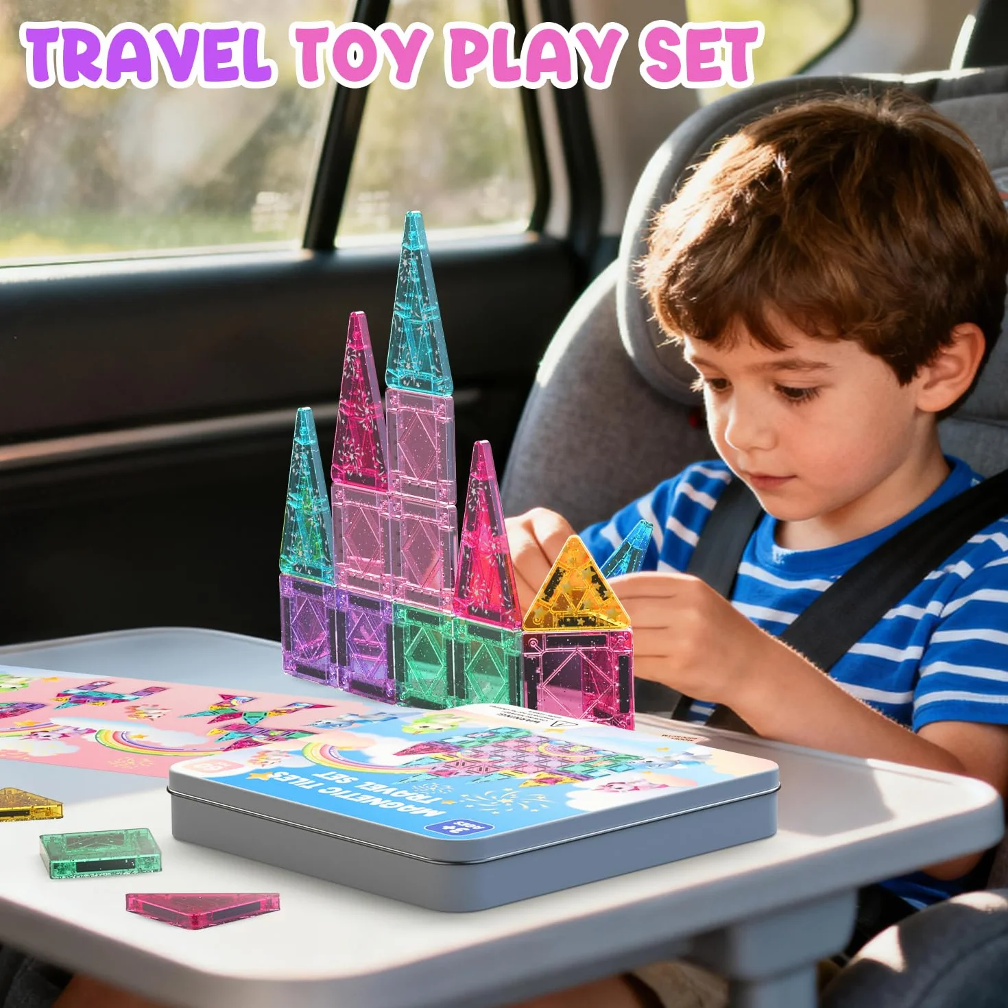ACELIFE Blocchi da costruzione magnetici 60 pezzi, mini giocattoli magnetici per bambini, set da viaggio Montessori, set da viaggio giocattolo portatile STEM, piastrelle magnetiche per ragazzi e