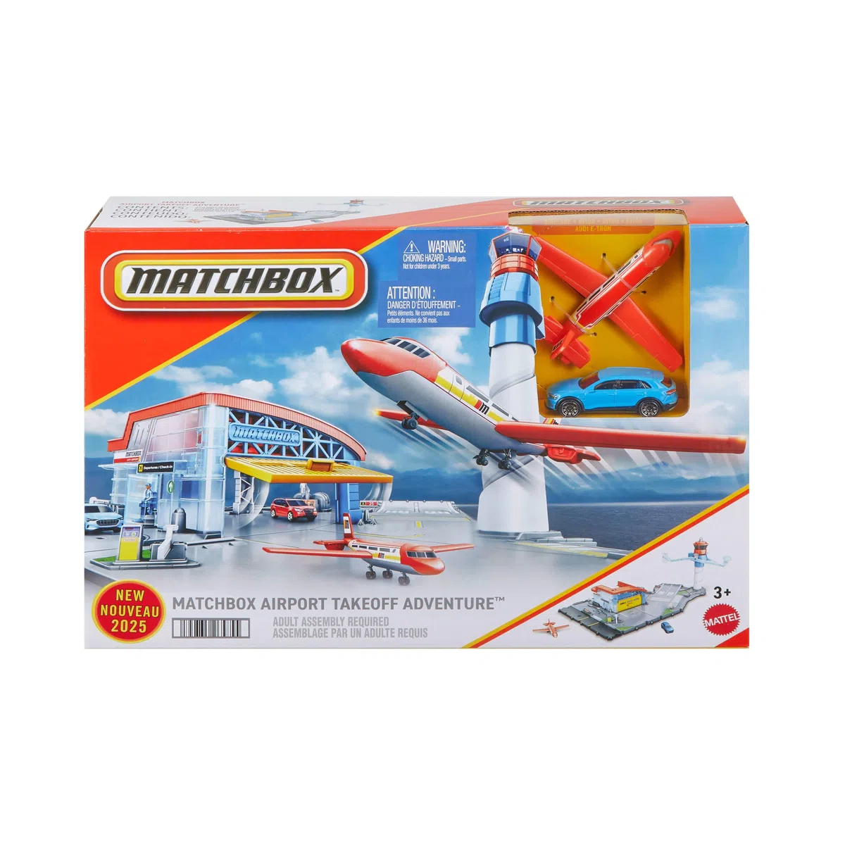 Matchbox - Decollo in Aeroporto, playset con torre di controllo e controller, pista, hangar e due veicoli, include un aereo e 1 Audi in scala 1:64, giocattolo per bambini, 3+ anni, JBW37