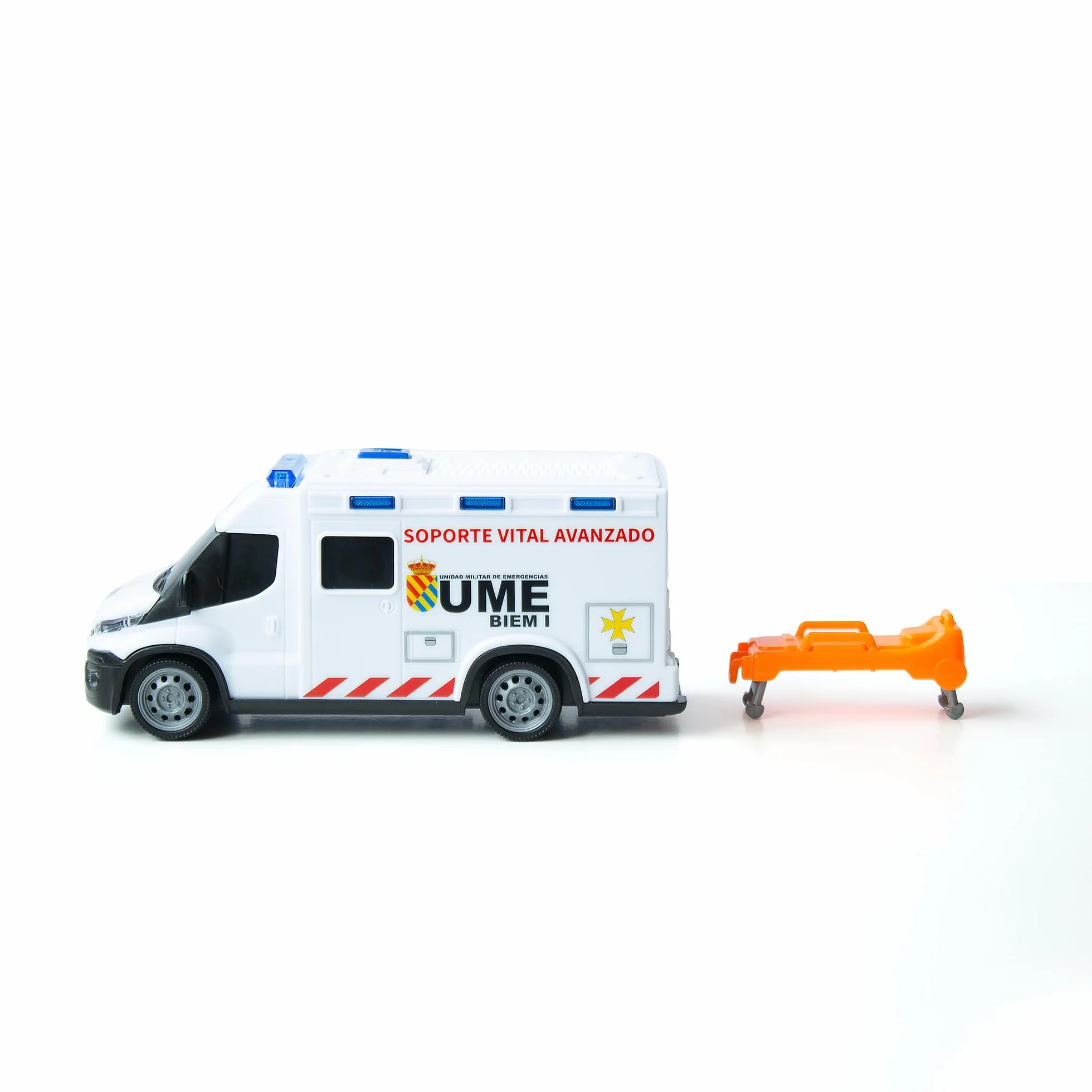 Dickie Toys - Ambulanza IVECO UME 18 cm, Ambulanza giocattolo, Luce e Suono, Ruota con Girata Libera, con Barella, Veicolo Giocattolo Bambini Ragazze a partire dai 3 anni (203713014SI5)