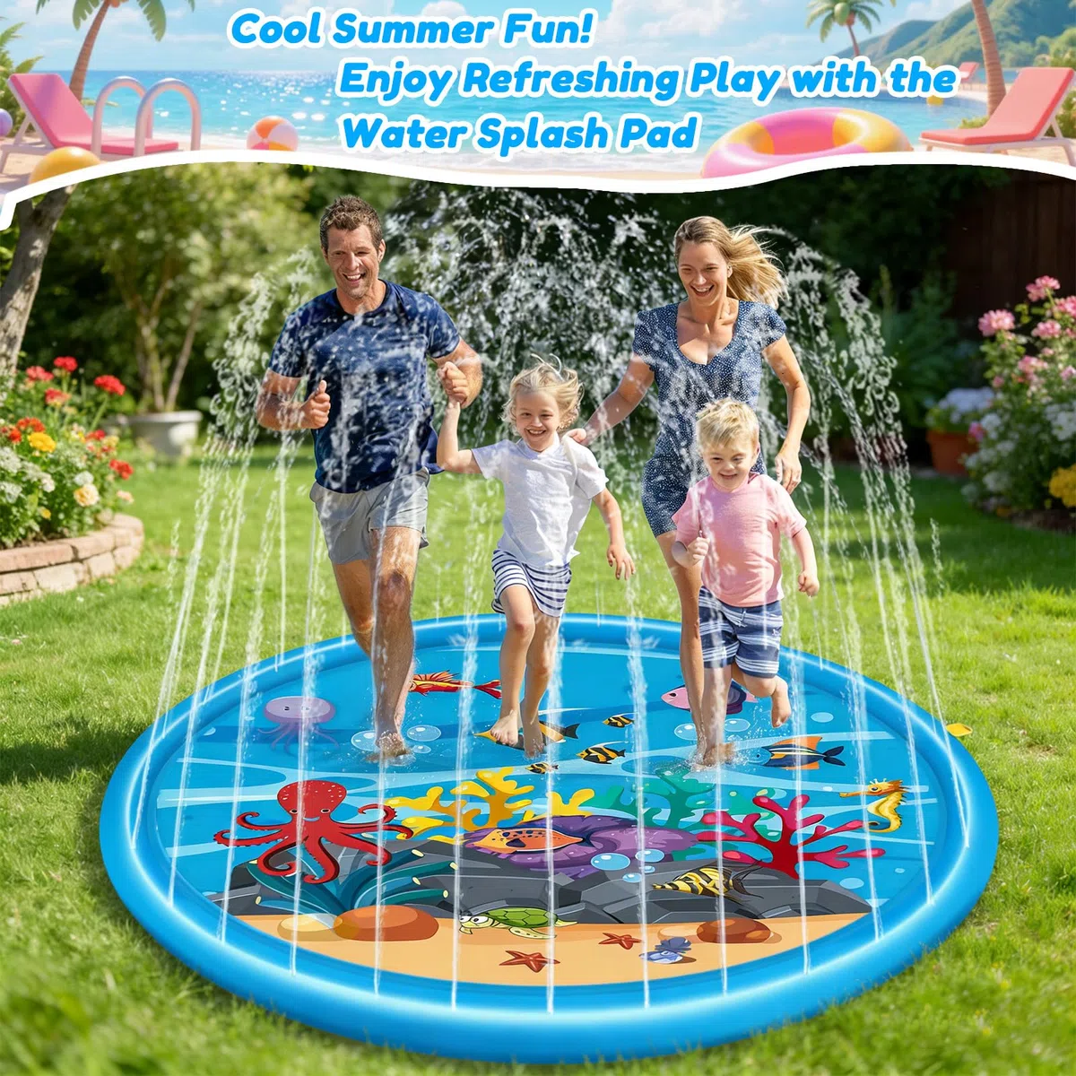 170CM Tappeto d'Acqua, Tappeto Gioco d'Acqua, Giocattolo Estivo per Acqua, Gioco d'Acqua all'Aperto per Bambini e Animali Domestici, Adatto per Attività all'Aperto, Feste in Spiaggia e Giardini