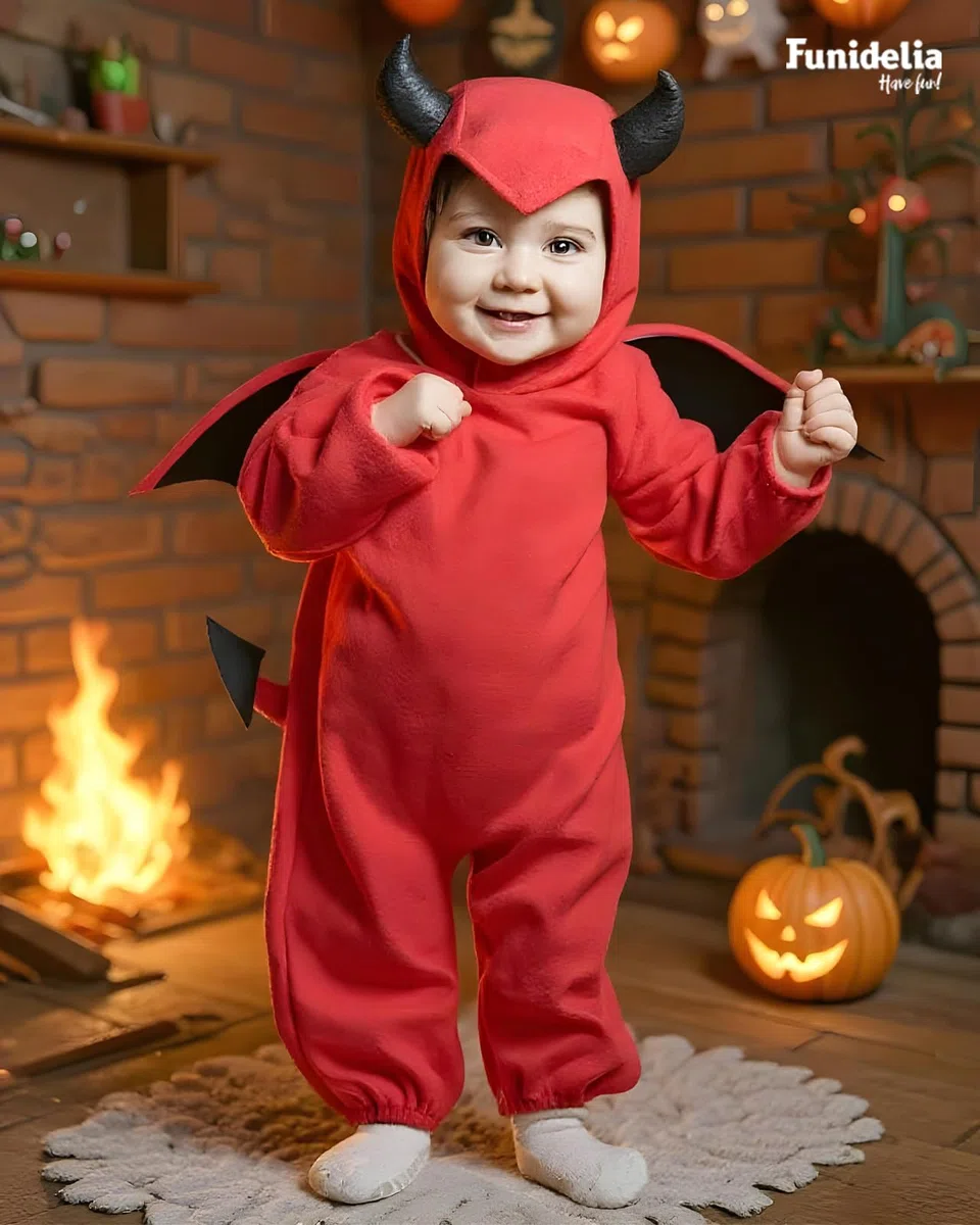 Funidelia Costume da Diavolo per Bebè con tutina, cappuccio, ali e coda, Tenuta da Demone, Costumi per Halloween e Carnevale